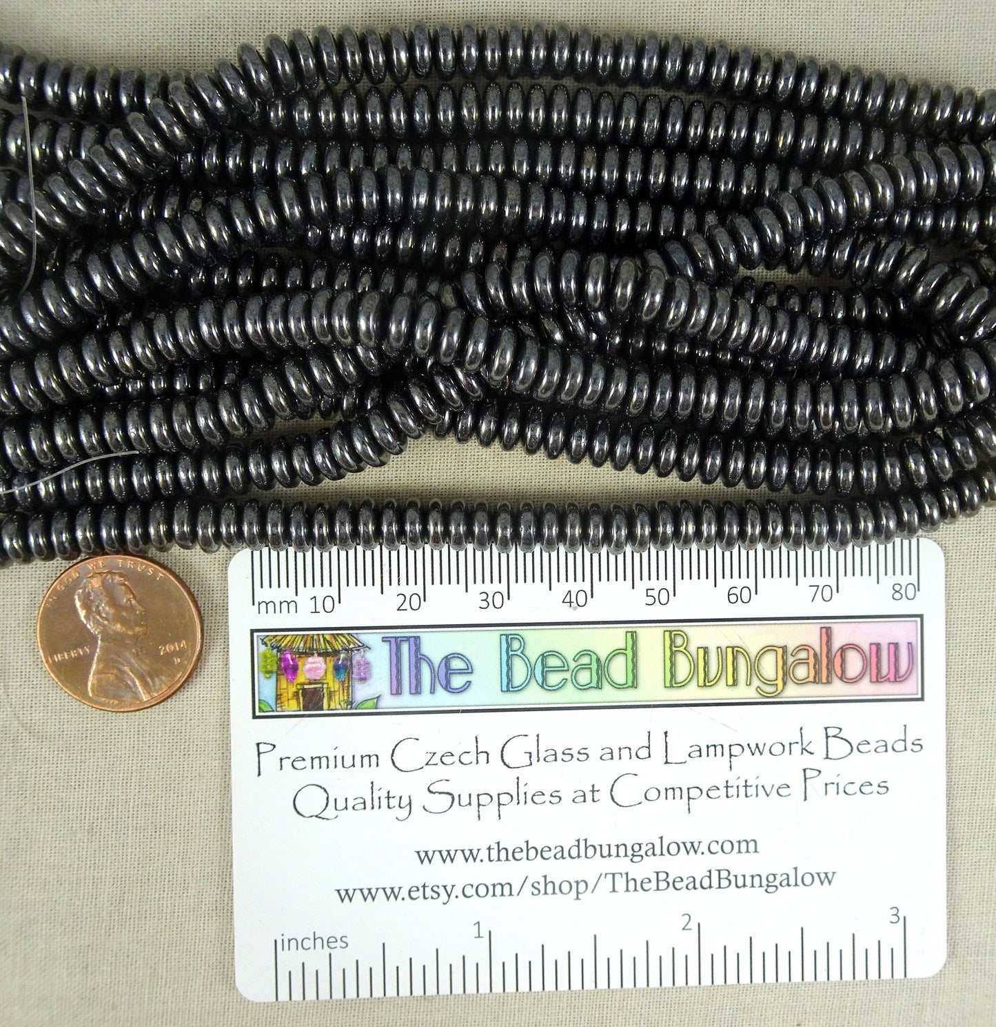 Hematite Rondelle 6x2mm Czech Glass Beads Gunmetal Gray Spacer Beads - Metallic Gray Czech Glass Rondelle (RD6/SM-14400) - Qty. 50