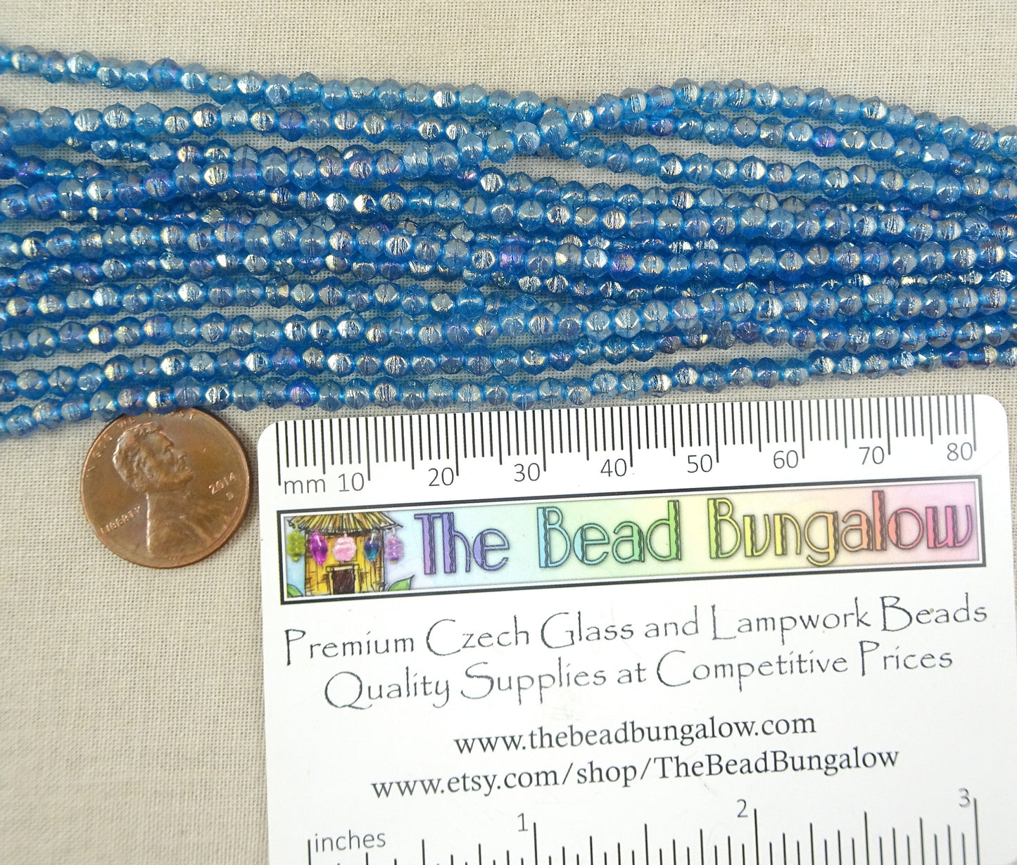 Blue Czech Glass Beads Blue Luster Glass Beads Small Capri Blue Glass Beads with Luster Iris 3mm English Cut (EC/SM-LR6008) * Qty. 50