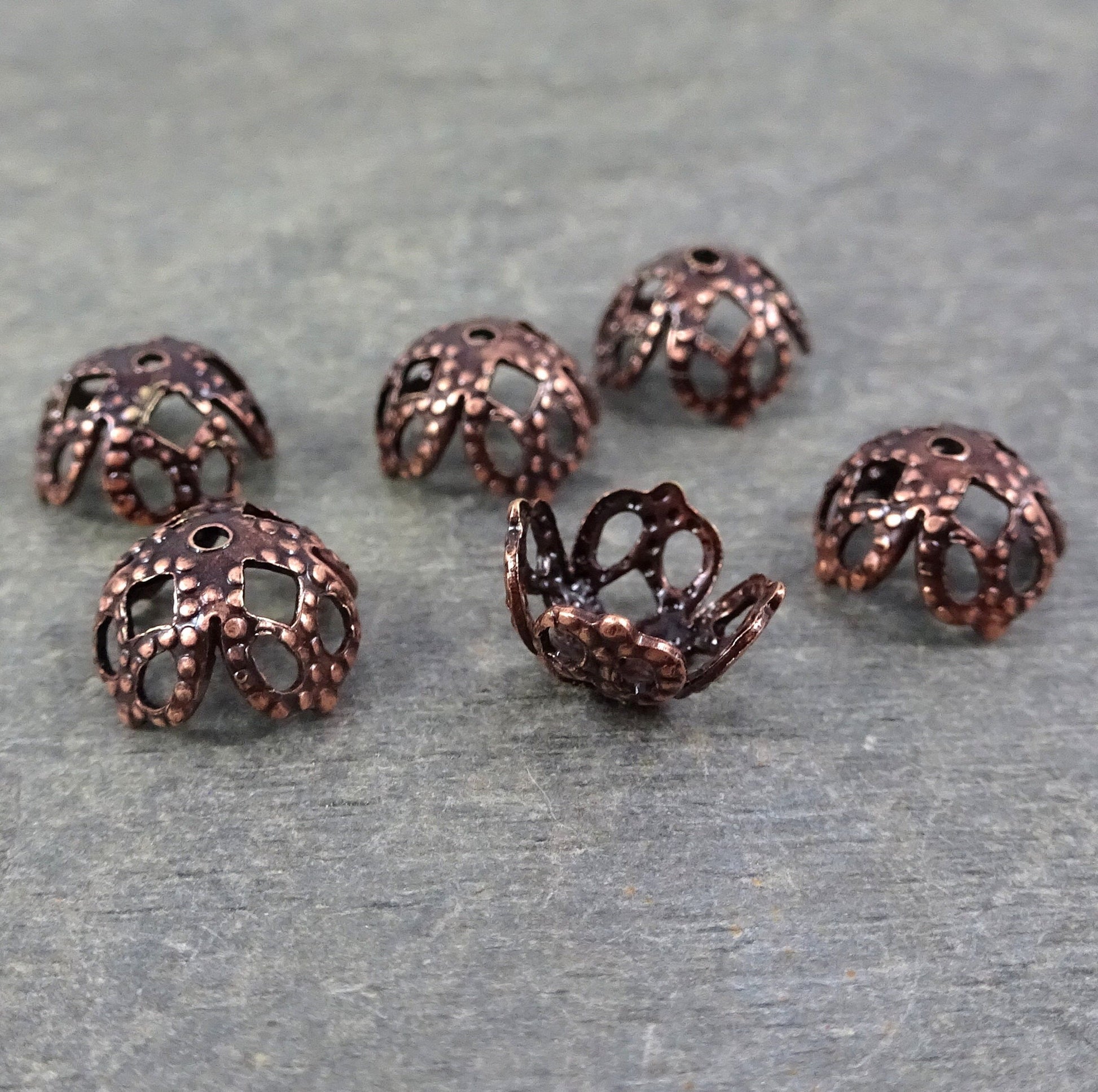 8mm Antiqued Copper Victorian Style Filigree Bead Caps ~ Bendable Copper Bead Caps ~ Antiqued Copper Plated Brass (VJS/C105C) * Qty. 6