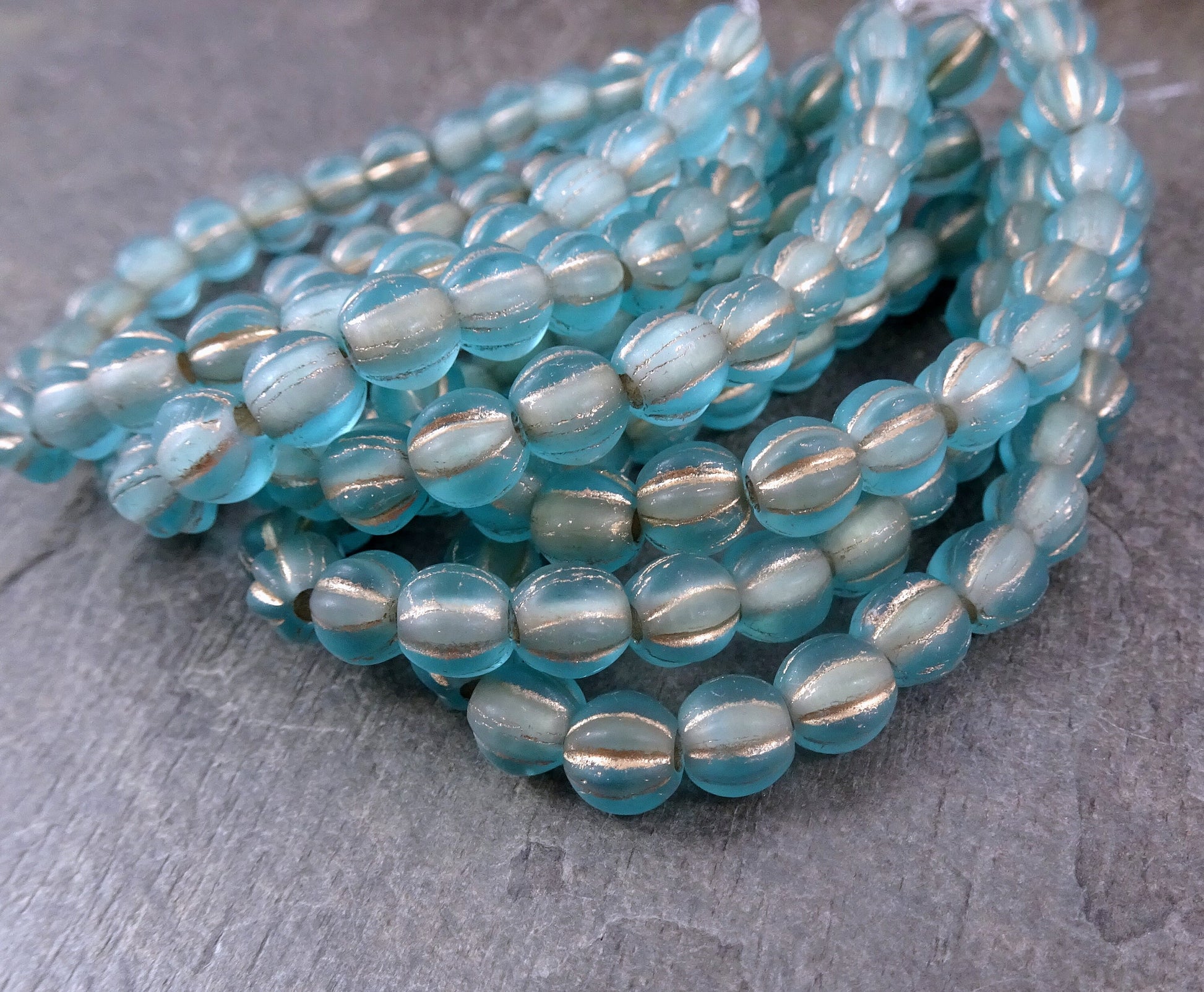 Czech Glass Beads - 6mm Large Hole Melon Beads ~ Matte Light Blue and Gold Beads Soft Matte Blue Large Hole Beads (BH6/N-091) * Qty 25