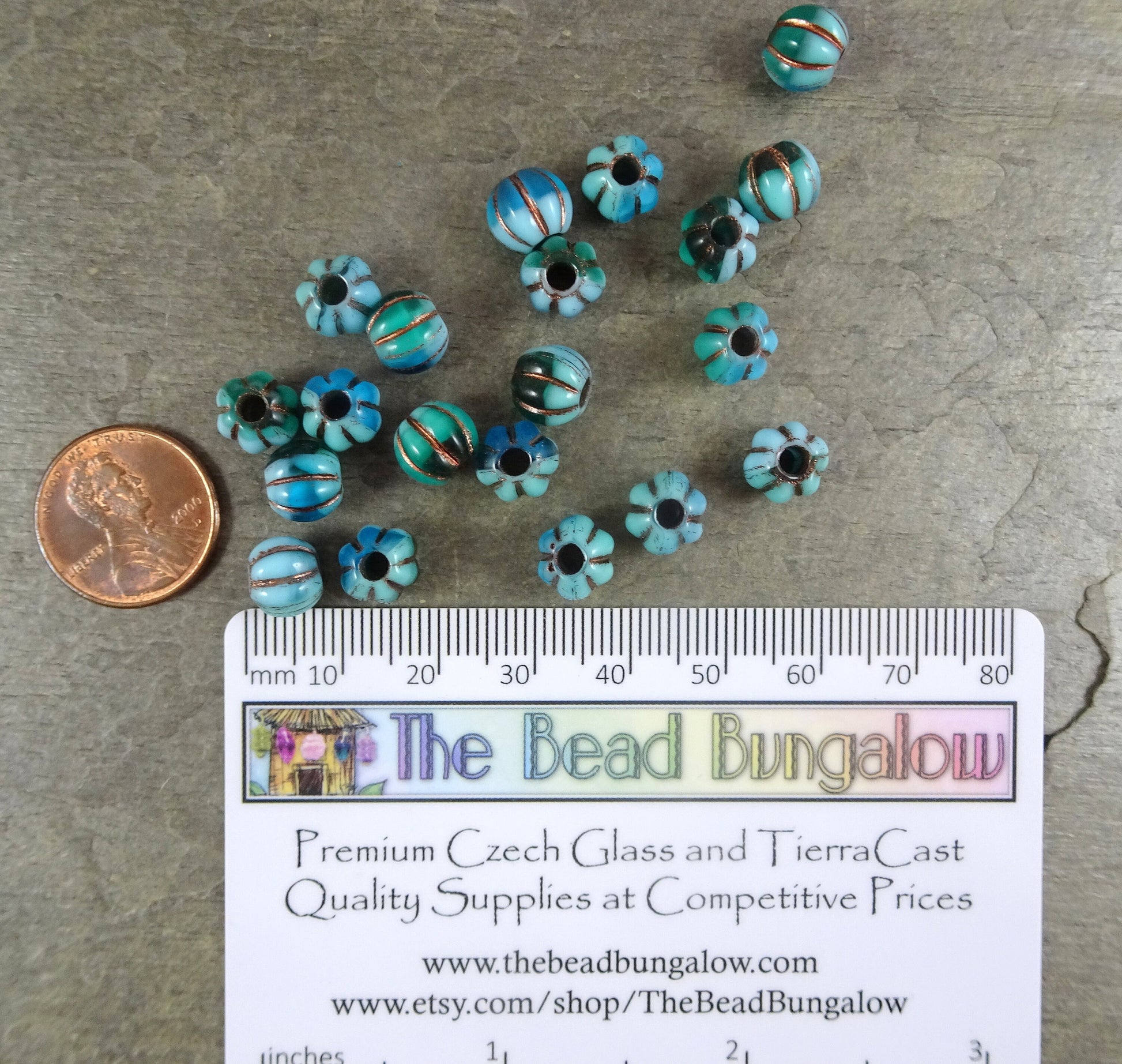 Czech Glass Beads - 8mm Large Hole Melon 8mm Blue and Green Glass Beads with Copper Wash Large Hole Czech Beads (BH8/N-066) *