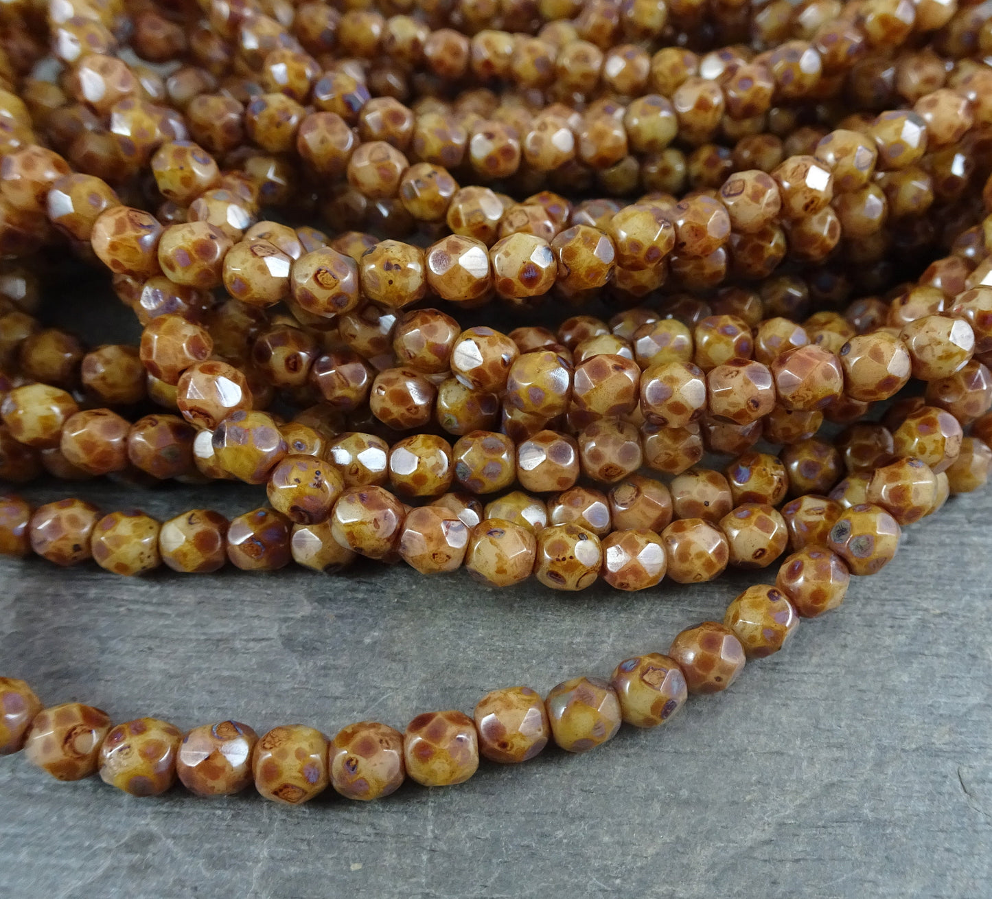 4mm Faceted Picasso Beads Czech Beads 4mm Brown Czech Glass Beads Light Brown Picasso Beads - Biege Picasso Beads (FP4/N-138) - Qty 50