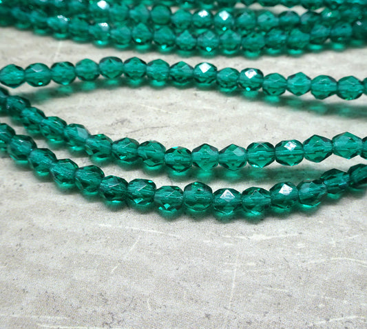 Czech Glass Beads - 4mm Emerald Green Glass Beads 4mm Faceted Round Czech Beads Transparent Emerald Green Beads (FP4/SM-5073) * Qty 50