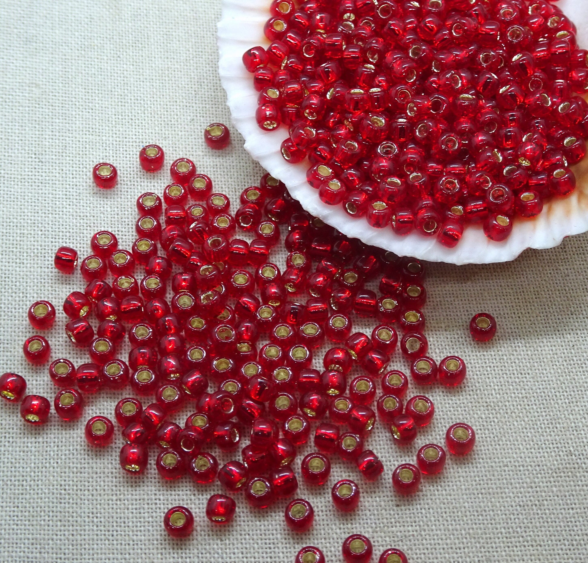 Red Seed Beads 8/0 TOHO Silver Lined Glass Beads (T8/SM-25C) Semi-Transparent Red Seed Bead 8/0 Glass Seed Beads 3mm Beads - Qty 10 grams