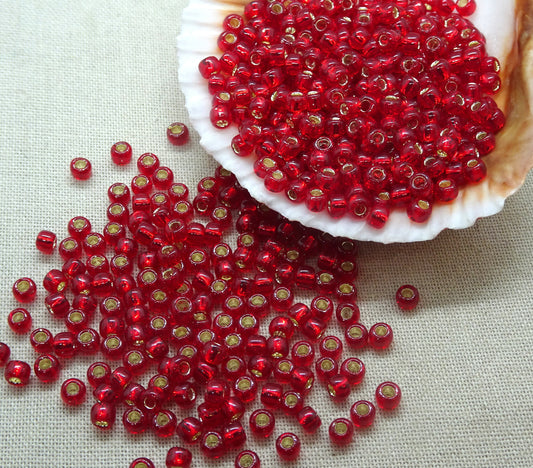 Red Seed Beads 8/0 TOHO Silver Lined Glass Beads (T8/SM-25C) Semi-Transparent Red Seed Bead 8/0 Glass Seed Beads 3mm Beads - Qty 10 grams