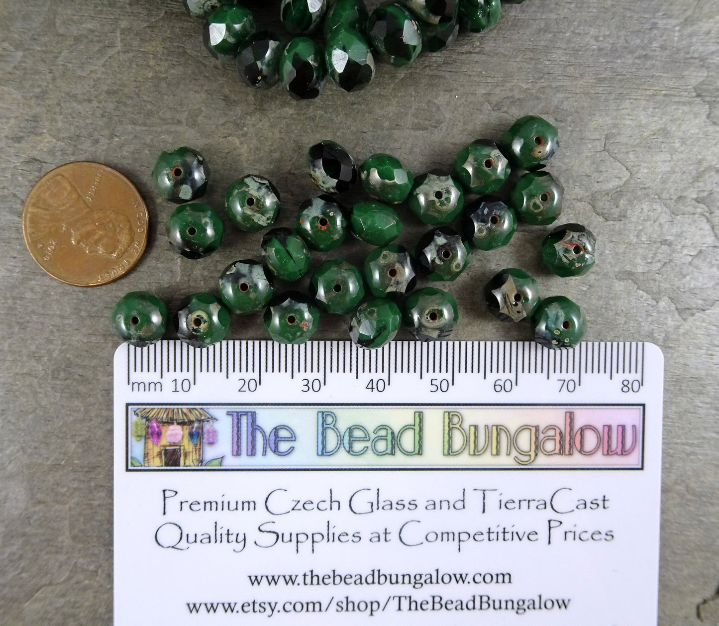 Two Tone Dark Green Rondelles 8x6mm Rondelle Czech Glass Beads - Opaque and Transparent Dark Green with Picasso (R8/N-1350) - Qty. 12