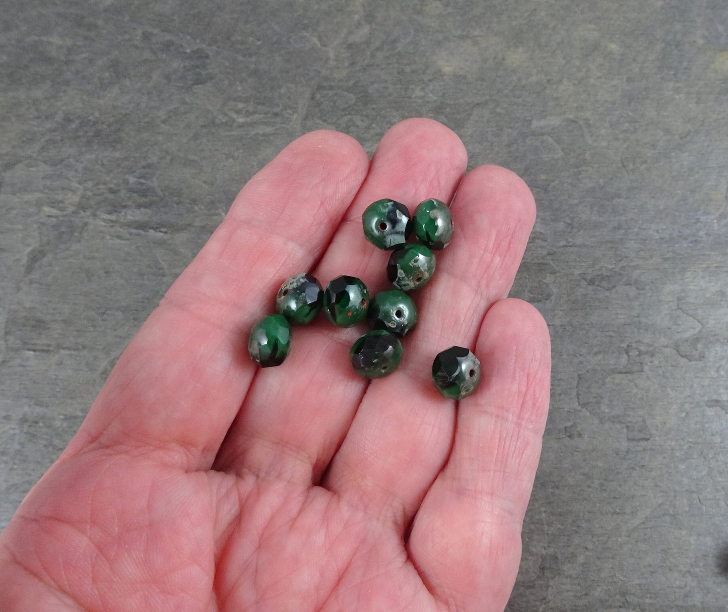 Two Tone Dark Green Rondelles 8x6mm Rondelle Czech Glass Beads - Opaque and Transparent Dark Green with Picasso (R8/N-1350) - Qty. 12