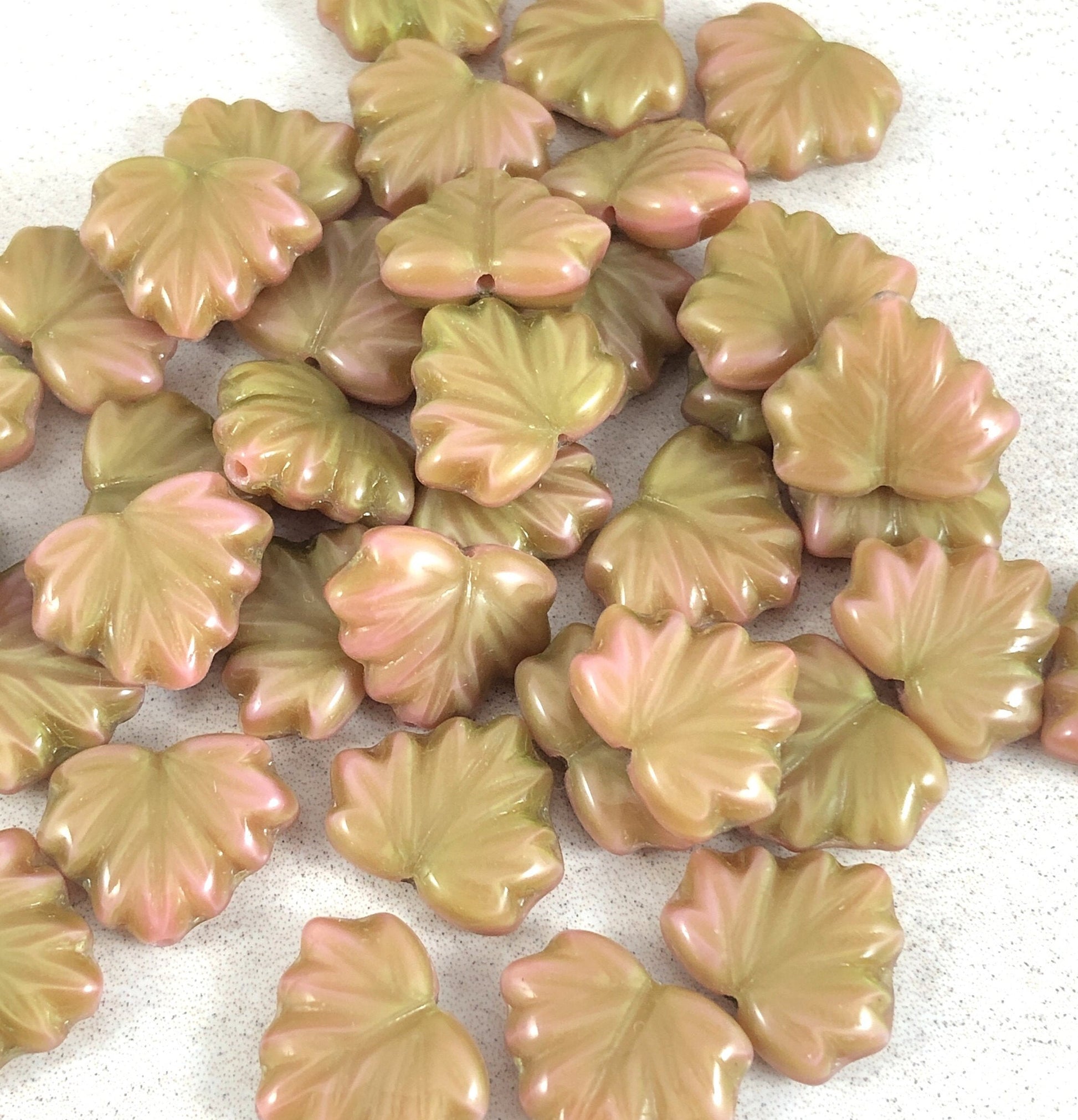 Pink and Green Maple Leaf Bead ~ 10x13mm Maple Leaf Beads ~ Czech Glass Beads ~ Pink and Green Silk Glass Maple Leaf (RJ-0522) * Qty. 8