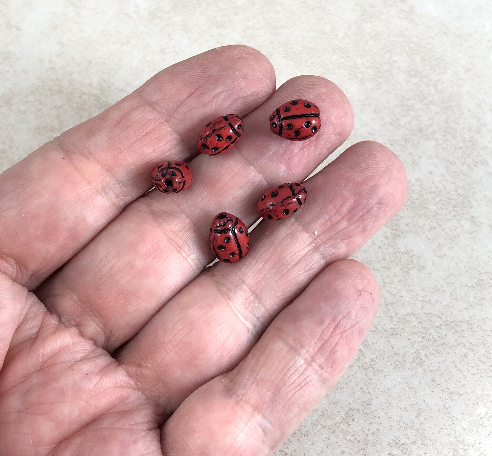 Lady Bug Beads, Czech Glass Ladybug Beads, Red Lady Bugs, Red and Black Beads, Czech Glass Beads, Specialty Czech Beads (RJ-4268) Qty. 10