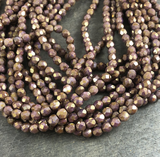 4mm Czech Glass Faceted Round Beads ~ Pink and Brown Picasso Beads - Smoky Rose Gold Picasso Beads (FP4/SM-P15695.2) * Qty 50