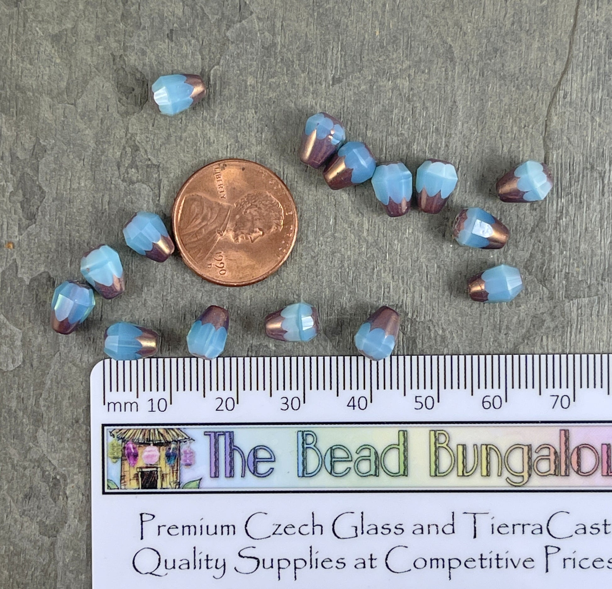 8mm Blue Czech Glass Beads ~ Teardrop Beads ~ Aqua Blue Opaline Teardrop with Purple Bronze Picasso ~ Czech Beads (DRO/RJ-1833) * Qty. 15