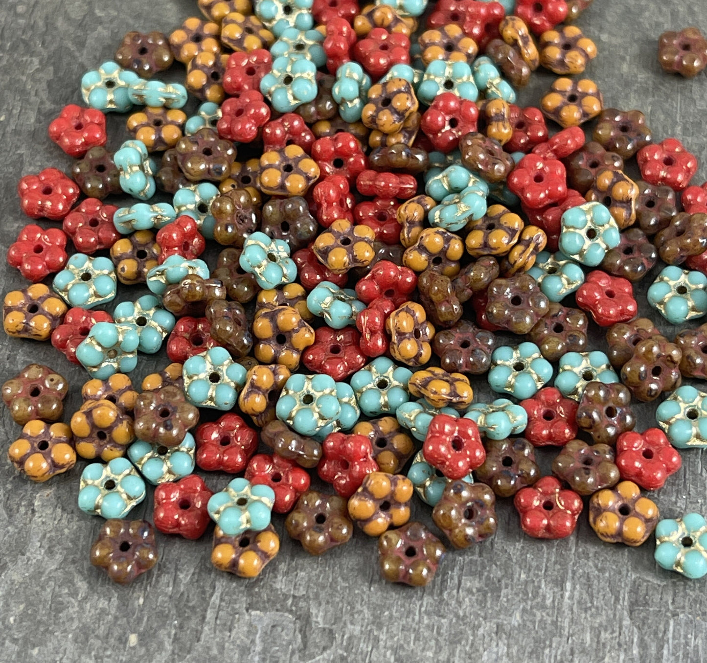 Czech Glass Beads Choose One or a Mix - 5mm Flower Spacer Beads Brown Mustard Red Turquoise Glass Spacer (FMN/N-Fall) - Qty. 50