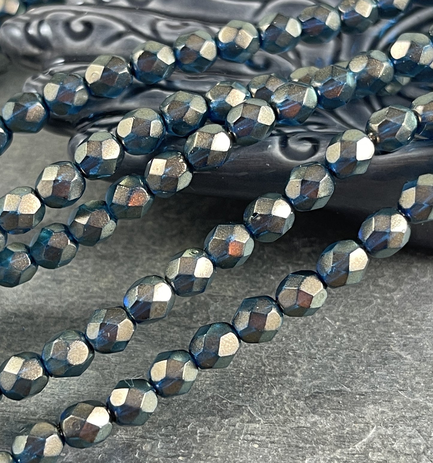 Czech Glass Beads 6mm Czech Fire Polished Beads 6mm Faceted Round Glass Beads Azurite Blue With Golden Glow Bead (FP6/SM-29266) - Qty 25