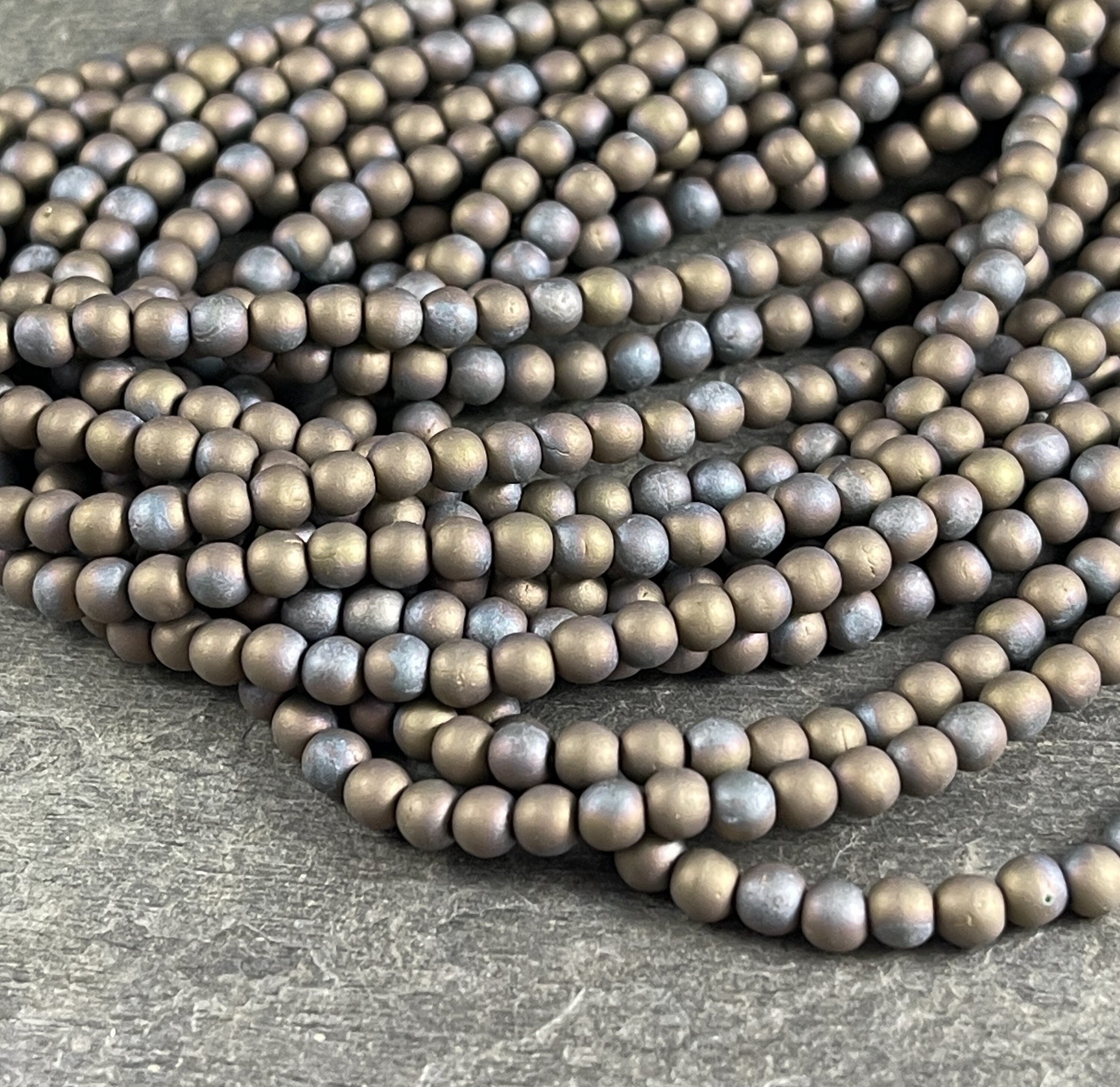 Matte Oxidized Bronze Czech Glass Beads Small Round Glass Beads Brown Czech Beads 4mm Round Beads Matte Brown (D4/SM-M15768) - Qty 100