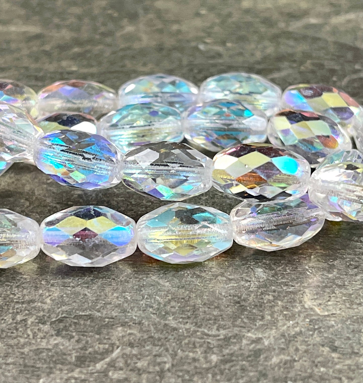 Crystal AB Czech Glass Beads, 12mm Faceted Oval Beads, Transparent Oval Bead with AB Finish (FOV/N-1594) * Qty. 6