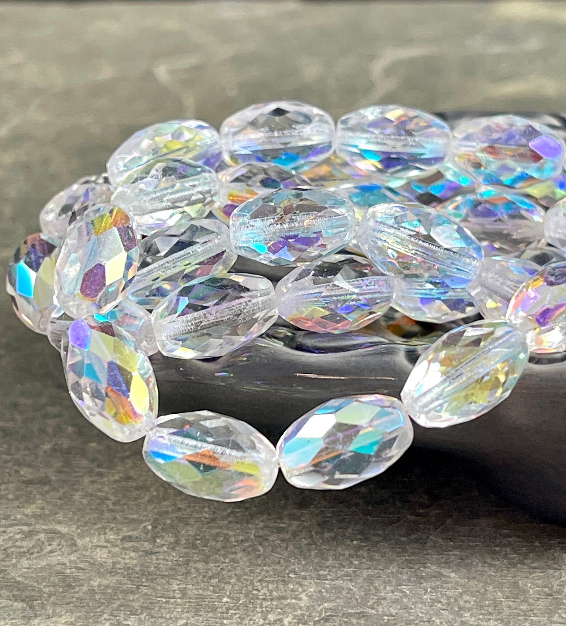 Crystal AB Czech Glass Beads, 12mm Faceted Oval Beads, Transparent Oval Bead with AB Finish (FOV/N-1594) * Qty. 6