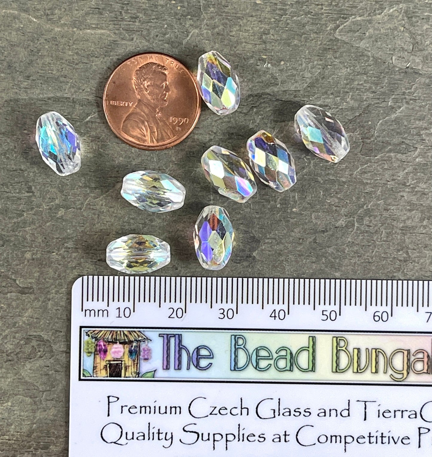 Crystal AB Czech Glass Beads, 12mm Faceted Oval Beads, Transparent Oval Bead with AB Finish (FOV/N-1594) * Qty. 6