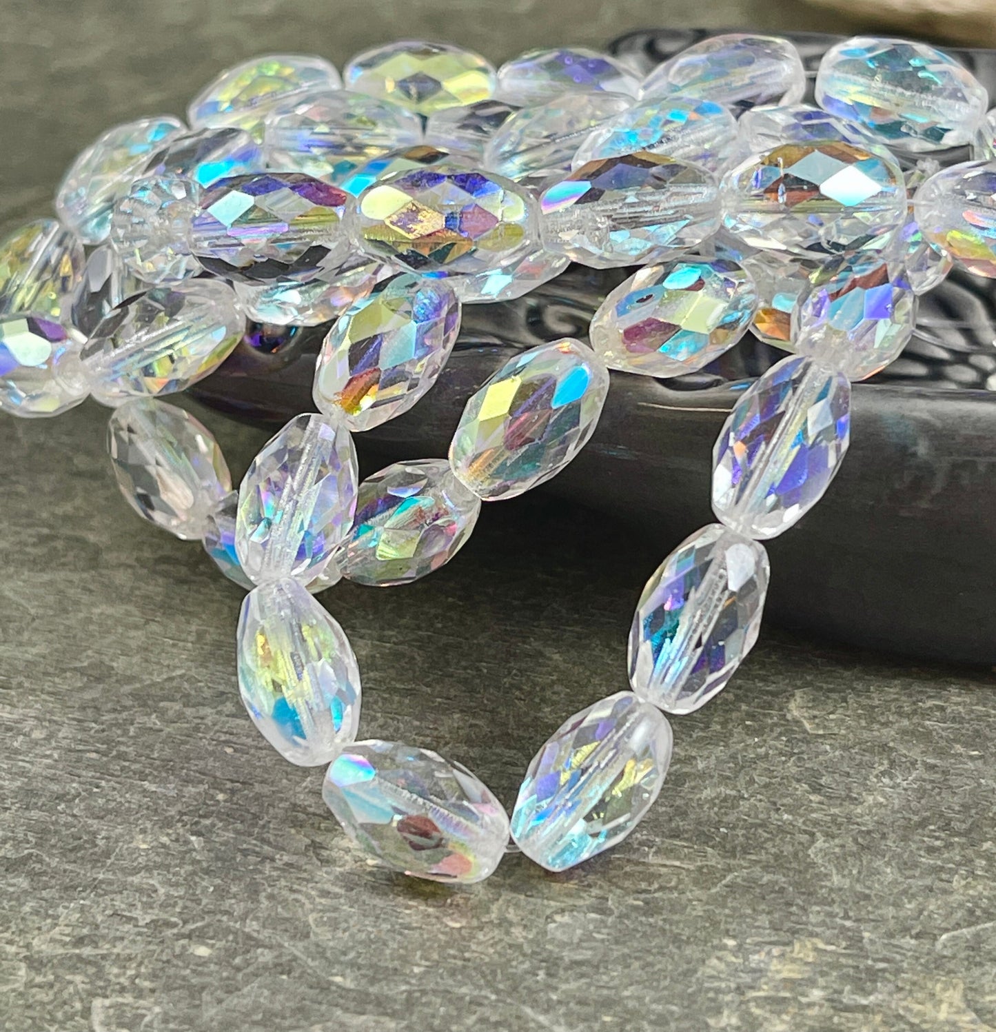 Crystal AB Czech Glass Beads, 12mm Faceted Oval Beads, Transparent Oval Bead with AB Finish (FOV/N-1594) * Qty. 6