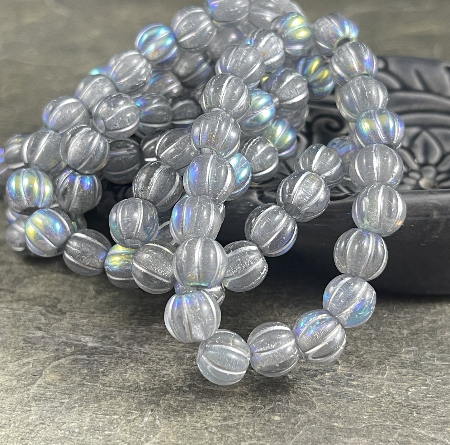 Czech Glass Beads - 8mm Large Hole Melon Silver AB Large Hole Beads - Transparent Glass with Silver Wash and AB Finish (BH8/N-088) *