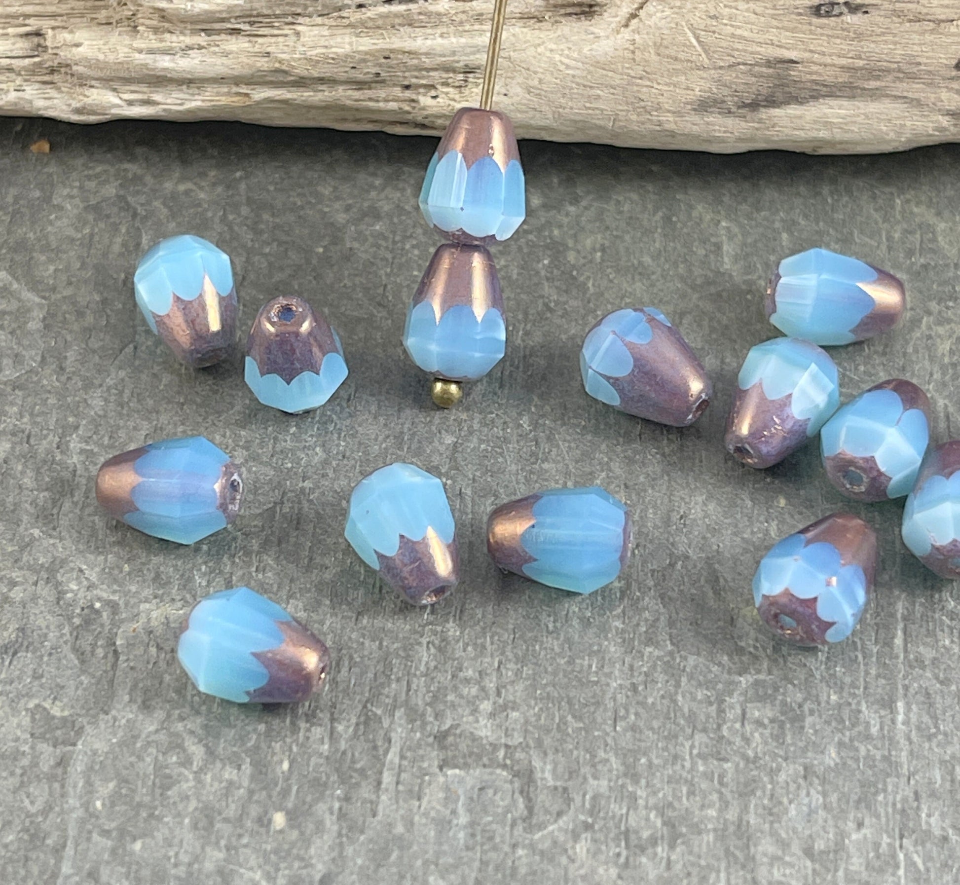 8mm Blue Czech Glass Beads ~ Teardrop Beads ~ Aqua Blue Opaline Teardrop with Purple Bronze Picasso ~ Czech Beads (DRO/RJ-1833) * Qty. 15