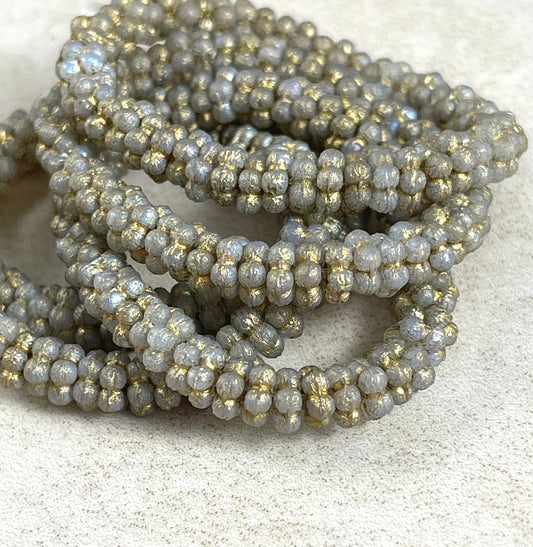 Czech Glass Beads 5mm Flower Spacer Beads Grey Etched Crystal with Gold Wash (FMN/N-0148) - Qty. 50