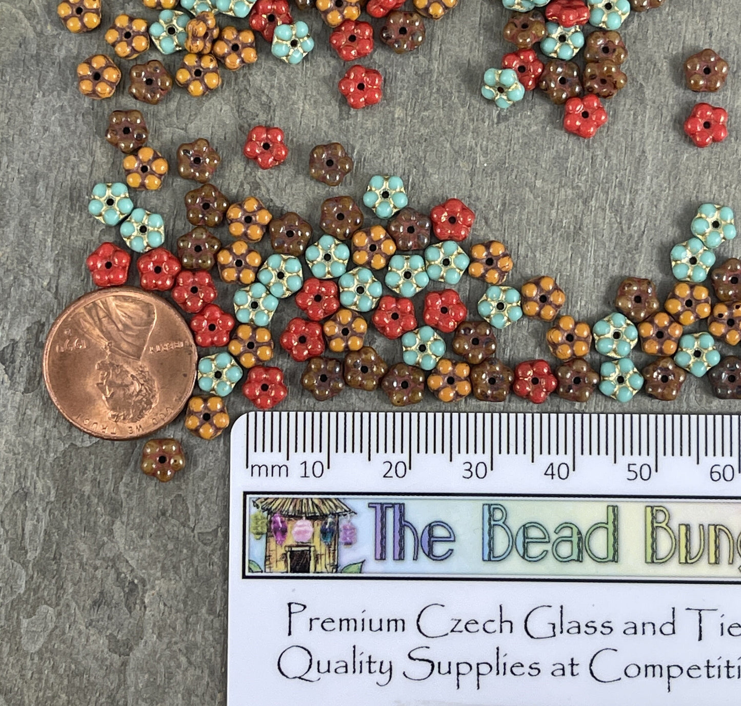 Czech Glass Beads Choose One or a Mix - 5mm Flower Spacer Beads Brown Mustard Red Turquoise Glass Spacer (FMN/N-Fall) - Qty. 50