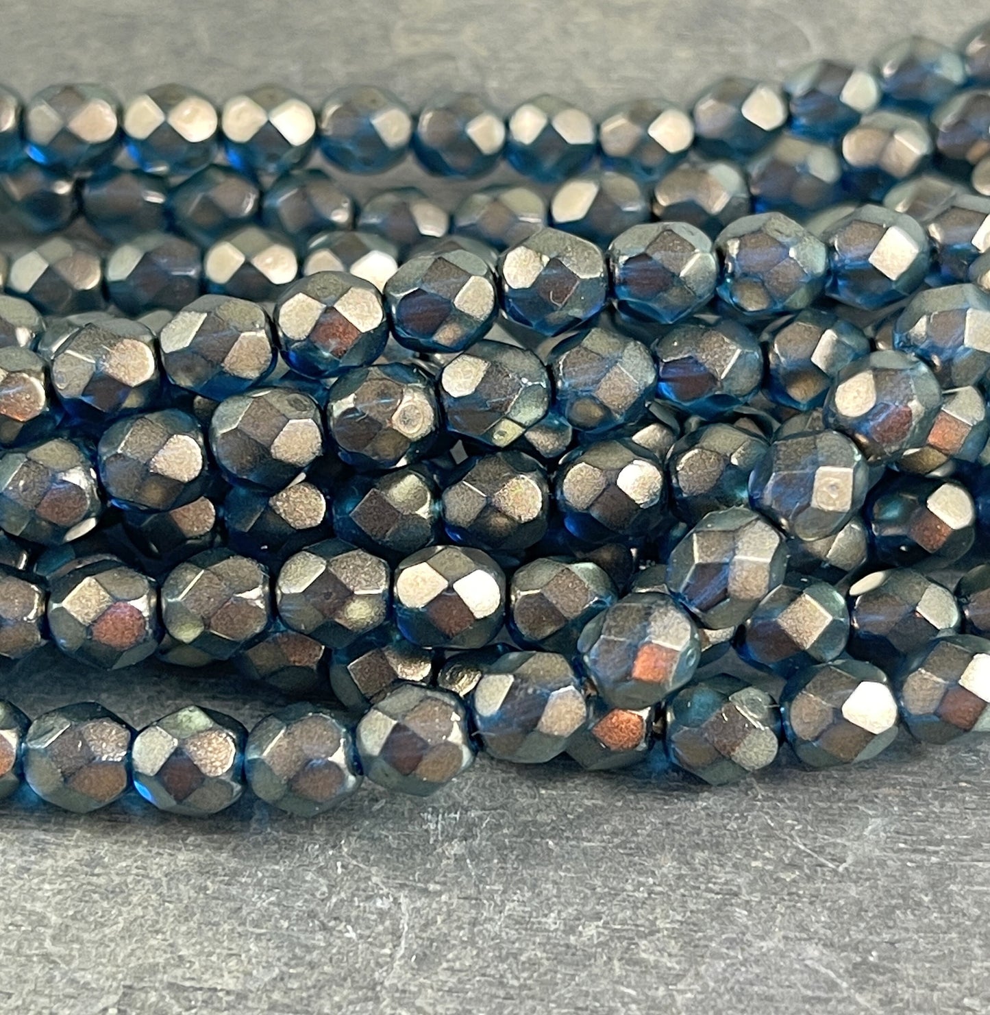 Czech Glass Beads 6mm Czech Fire Polished Beads 6mm Faceted Round Glass Beads Azurite Blue With Golden Glow Bead (FP6/SM-29266) - Qty 25