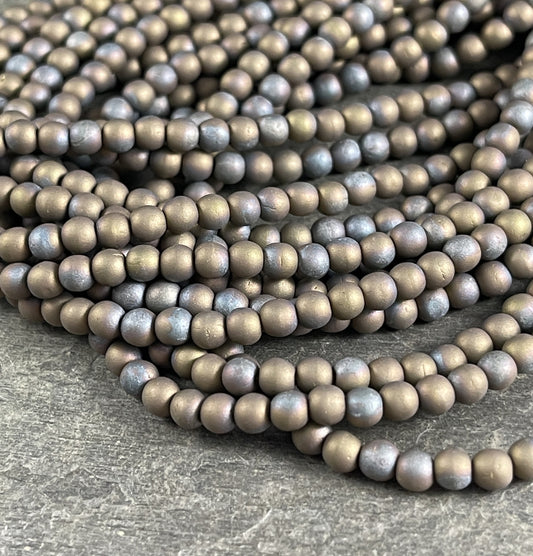 Matte Oxidized Bronze Czech Glass Beads Small Round Glass Beads Brown Czech Beads 4mm Round Beads Matte Brown (D4/SM-M15768) - Qty 100