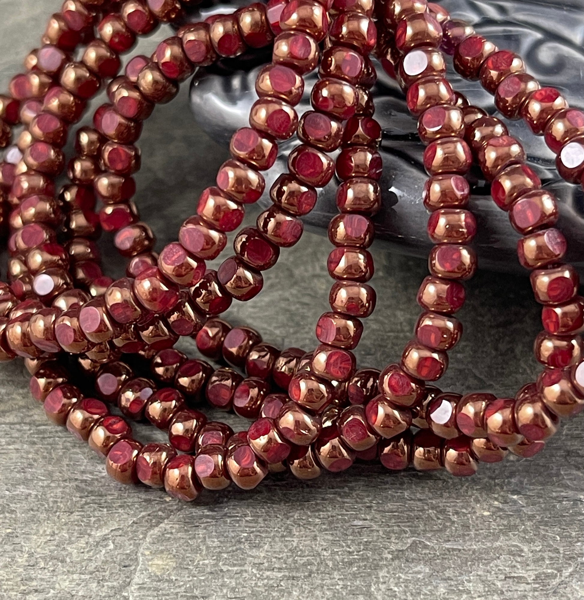 Faceted Seed Beads Small Ruby Red Beads with Bronze Finish 4x3mm Faceted Beads Opaque Dark Red and Bronze (TRICA/N-0890) * Qty. 50