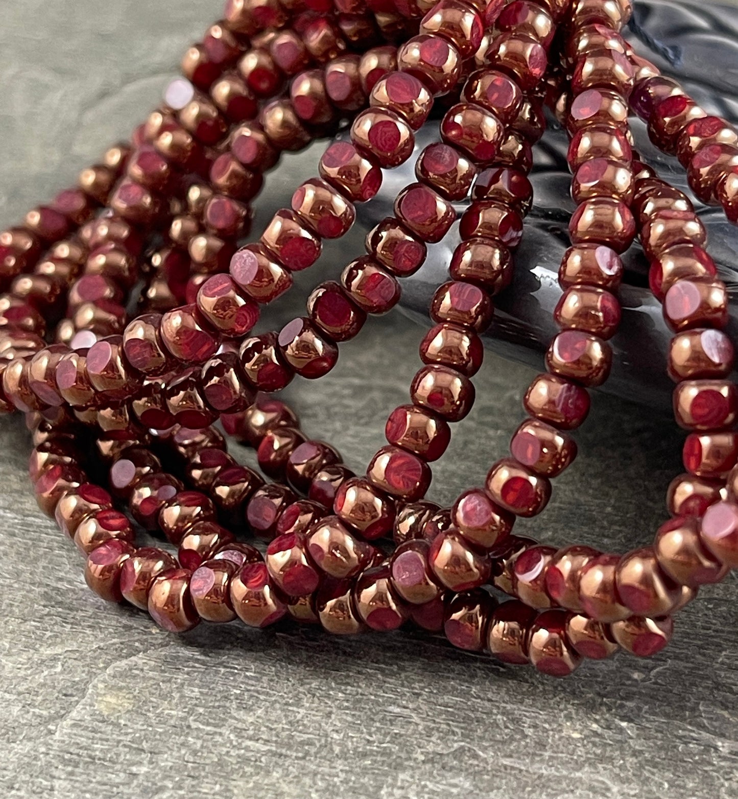 Faceted Seed Beads Small Ruby Red Beads with Bronze Finish 4x3mm Faceted Beads Opaque Dark Red and Bronze (TRICA/N-0890) * Qty. 50