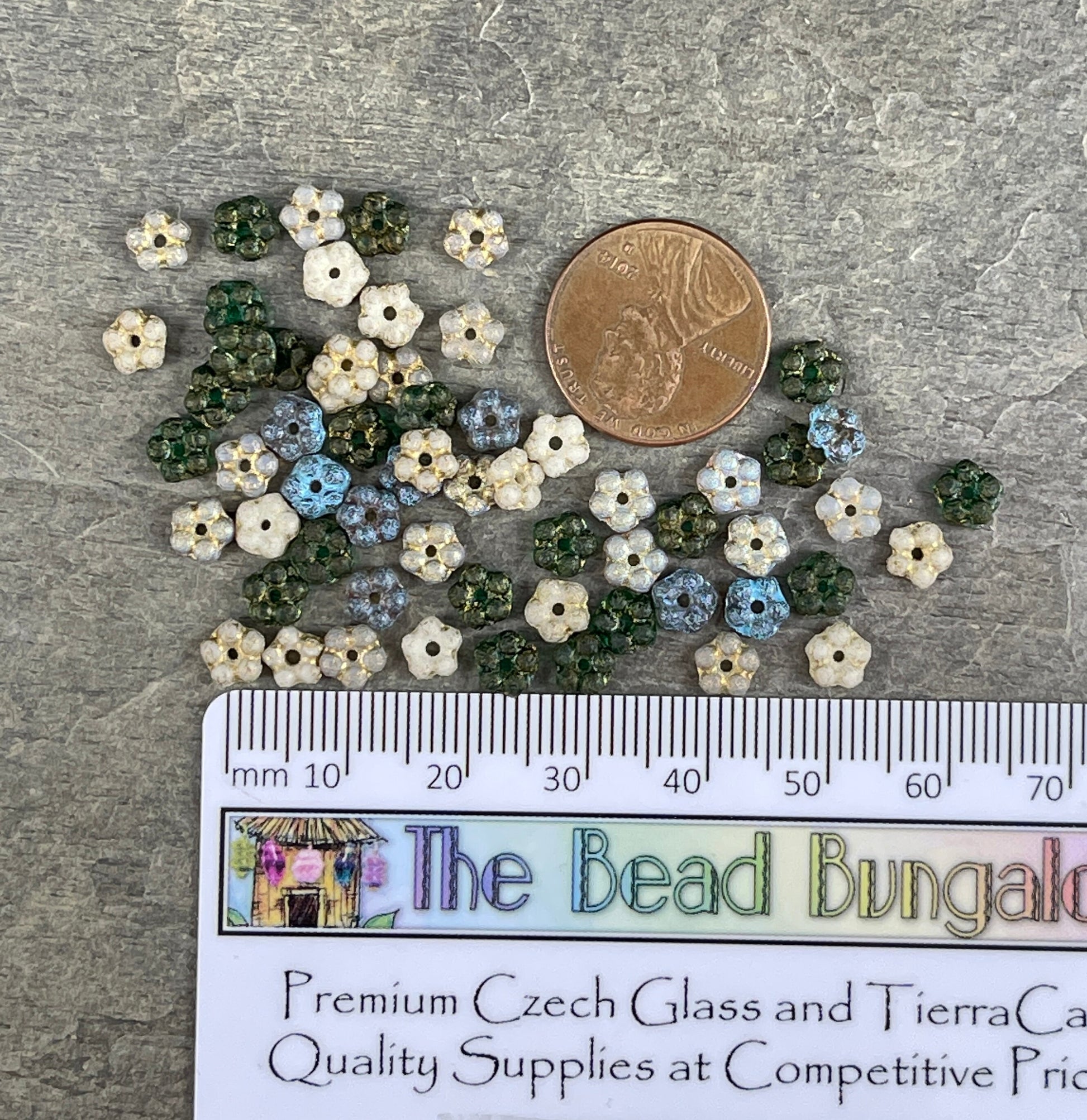 Czech Glass Beads Choose One or a Mix - 5mm Flower Spacer Beads Green Blue Beige Crystal Etched Glass Spacer (FMN/N-BGBT) - Qty. 50