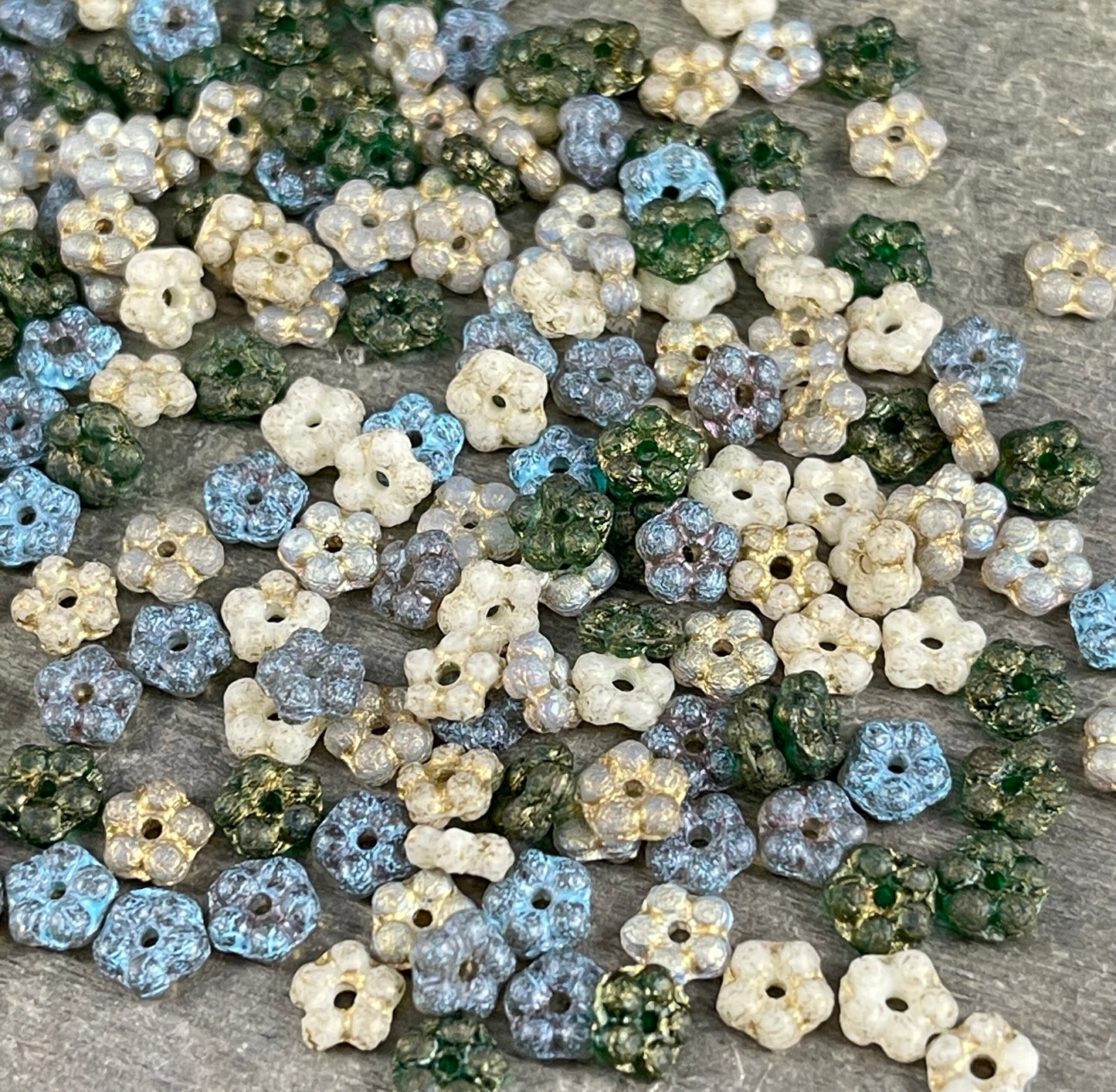 Czech Glass Beads Choose One or a Mix - 5mm Flower Spacer Beads Green Blue Beige Crystal Etched Glass Spacer (FMN/N-BGBT) - Qty. 50