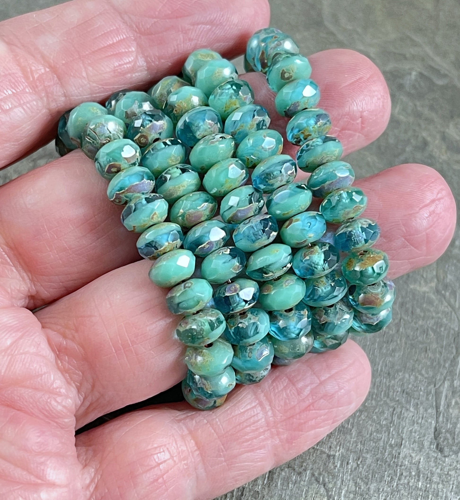 Turquoise and Aqua Blue Czech Beads, 7x5mm Rondelle, Czech Glass Beads, Two- Tone Blue Mix with Rustic Picasso (R7/RJ-2476) * Qty 25