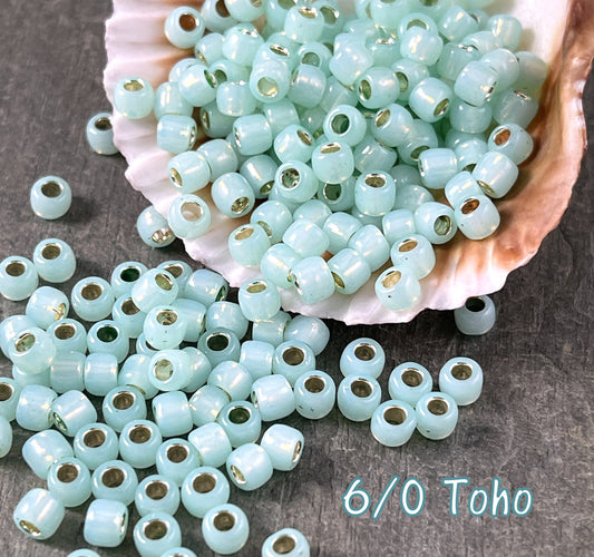 Mint Green Glass Seed Beads ~ TOHO 6/0 Round Light Green Glass Beads with Silver Core (T6/SM-2118) 4mm Beads * Qty. 10 grams