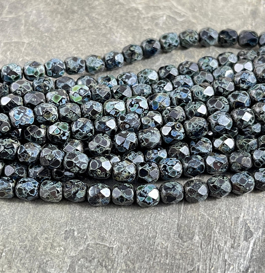 6mm Black Picasso Beads, 6mm Czech Glass Faceted Round Beads - Black with Picasso Finish (FP6/SM-T2398) * Qty. 25