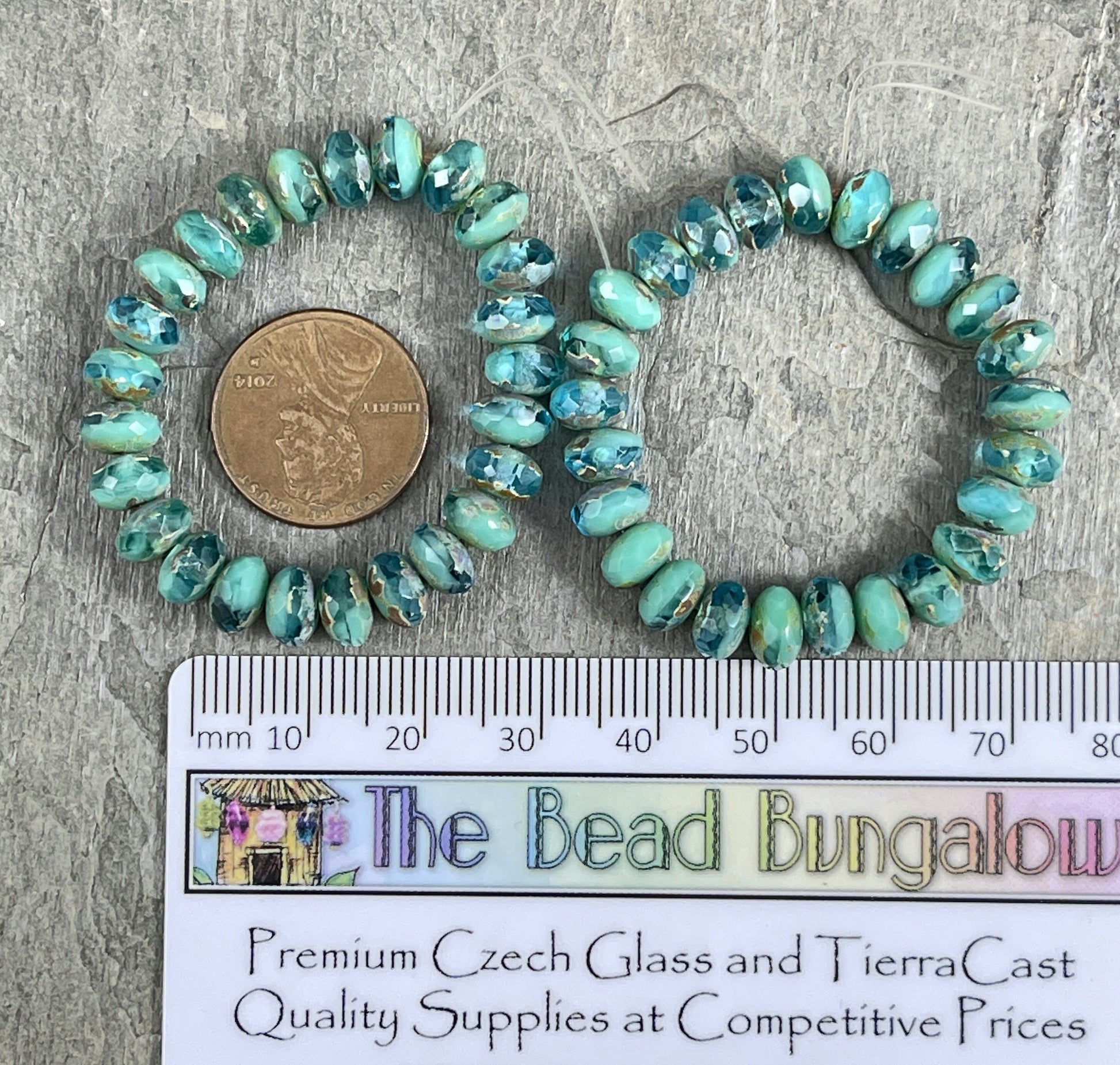 Turquoise and Aqua Blue Czech Beads, 7x5mm Rondelle, Czech Glass Beads, Two- Tone Blue Mix with Rustic Picasso (R7/RJ-2476) * Qty 25