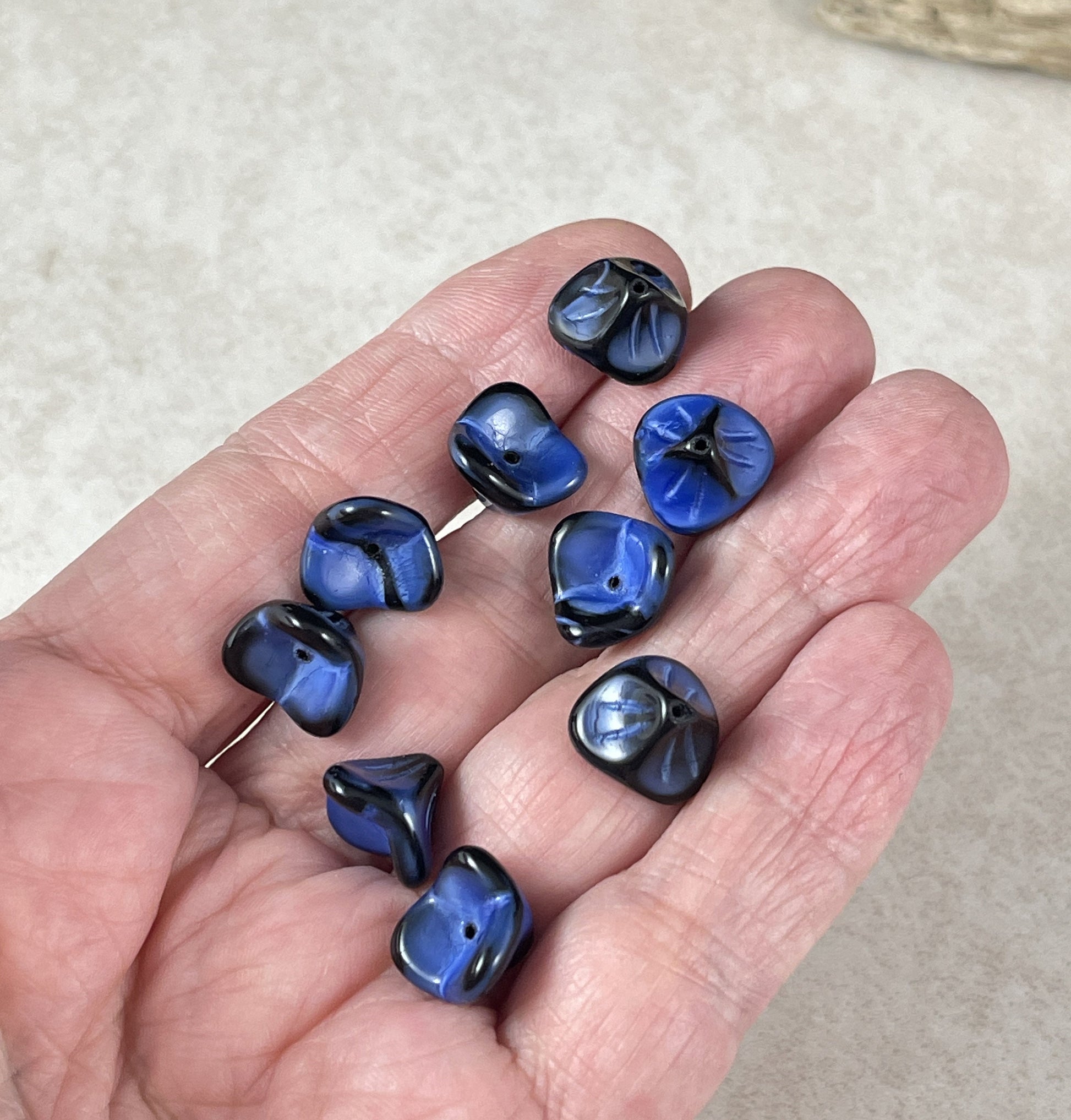 Two-Tone Blue 3-Petal Flower Beads ~ Beautiful Dark Blue Glass Flower ~ 12x9mm Bell Flower Bead (FLLB/RJ-1033) * Qty. 8