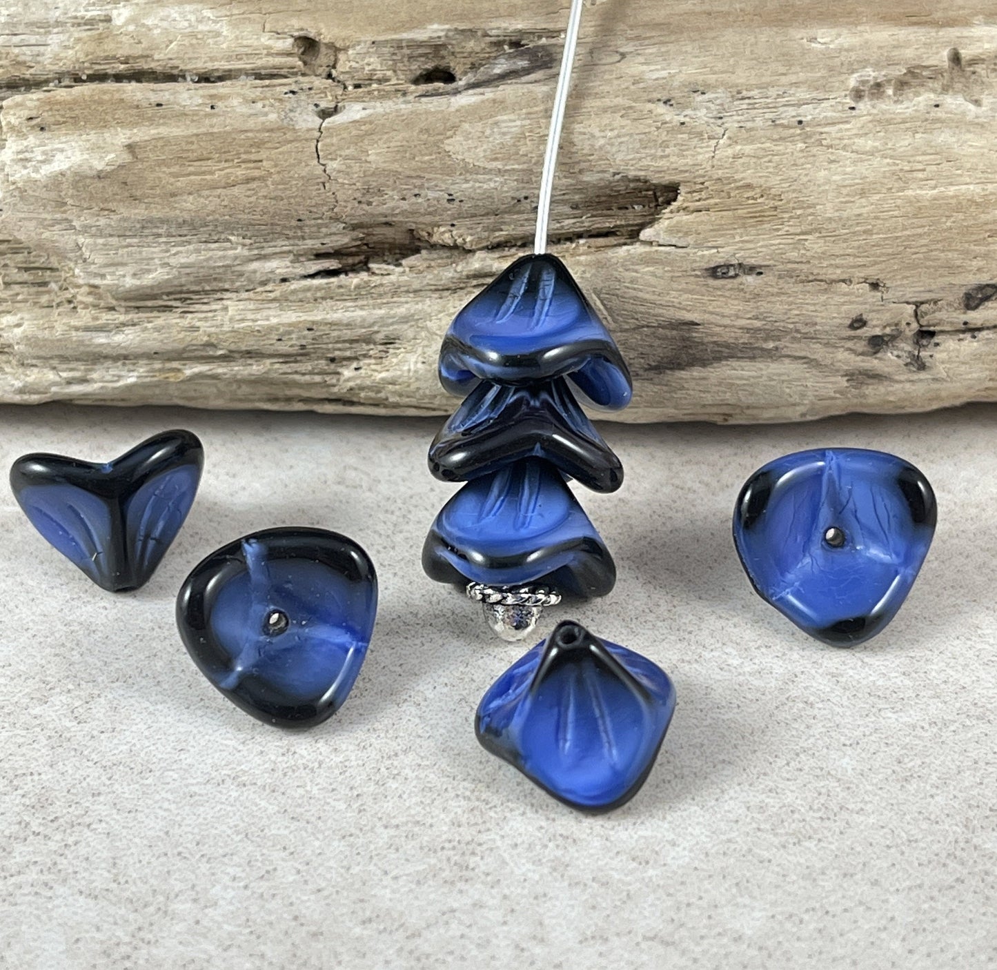 Two-Tone Blue 3-Petal Flower Beads ~ Beautiful Dark Blue Glass Flower ~ 12x9mm Bell Flower Bead (FLLB/RJ-1033) * Qty. 8