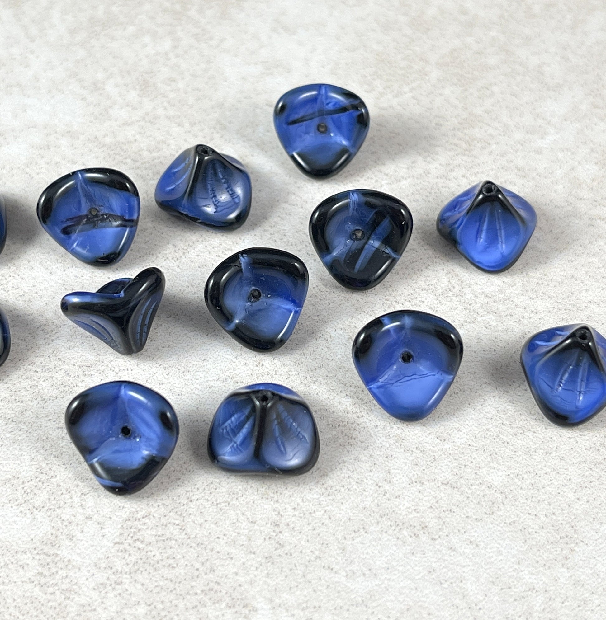 Two-Tone Blue 3-Petal Flower Beads ~ Beautiful Dark Blue Glass Flower ~ 12x9mm Bell Flower Bead (FLLB/RJ-1033) * Qty. 8