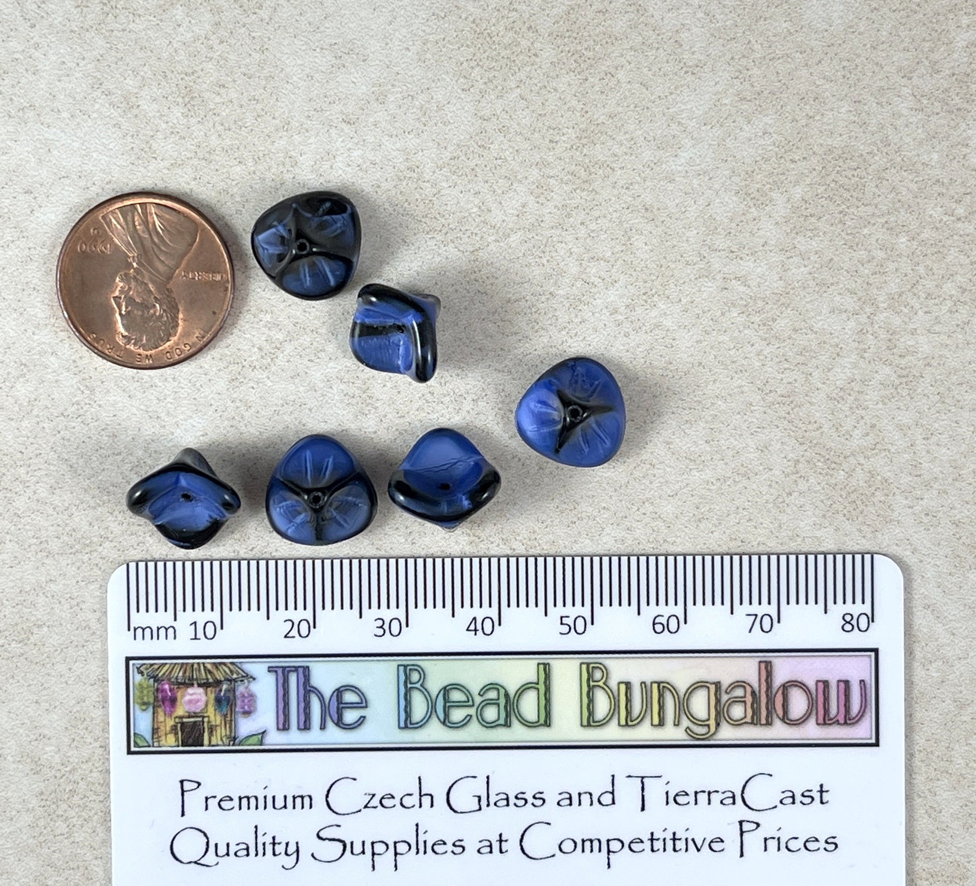 Two-Tone Blue 3-Petal Flower Beads ~ Beautiful Dark Blue Glass Flower ~ 12x9mm Bell Flower Bead (FLLB/RJ-1033) * Qty. 8