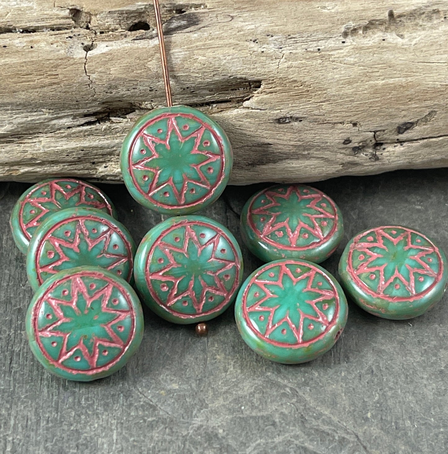 Star of Ishtar - Opaque Green Czech Glass Beads with a Pink Wash, Green Picasso Beads, Grass Green Star of Ishtar (PSOI-14) * Qty. 4