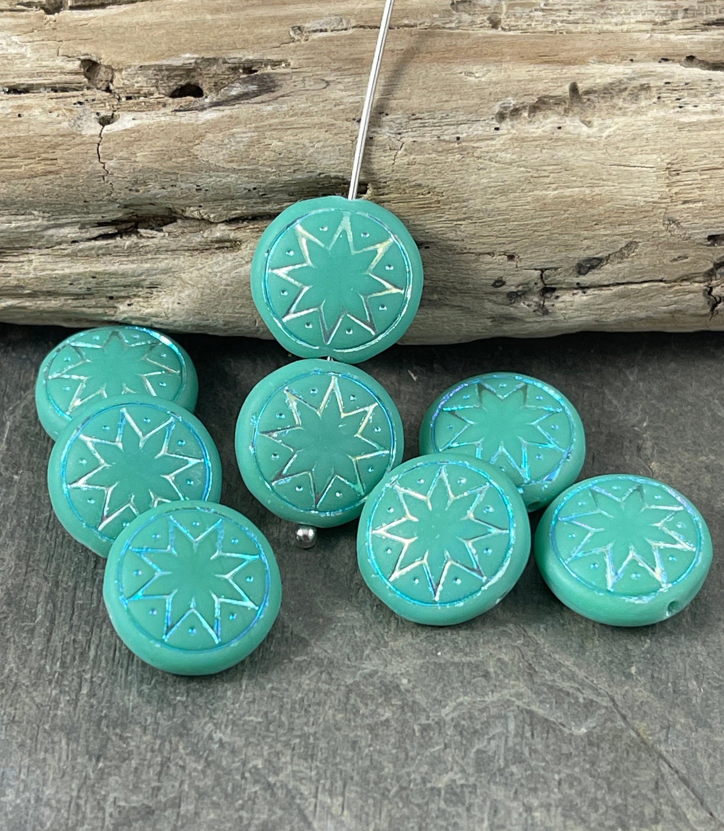 Star of Ishtar - Czech Glass Beads ~ Matte Green Turquoise with AB ~ Turquoise Green Star of Ishtar Beads (PSOI-19) * Qty. 4