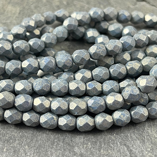 Czech Glass Beads - 6mm Matte Satin Blue Beads 6mm Faceted Round Beads - Pacifica Poppy Seed Slate Blue (FP6/SM-PS1007) - Qty 25