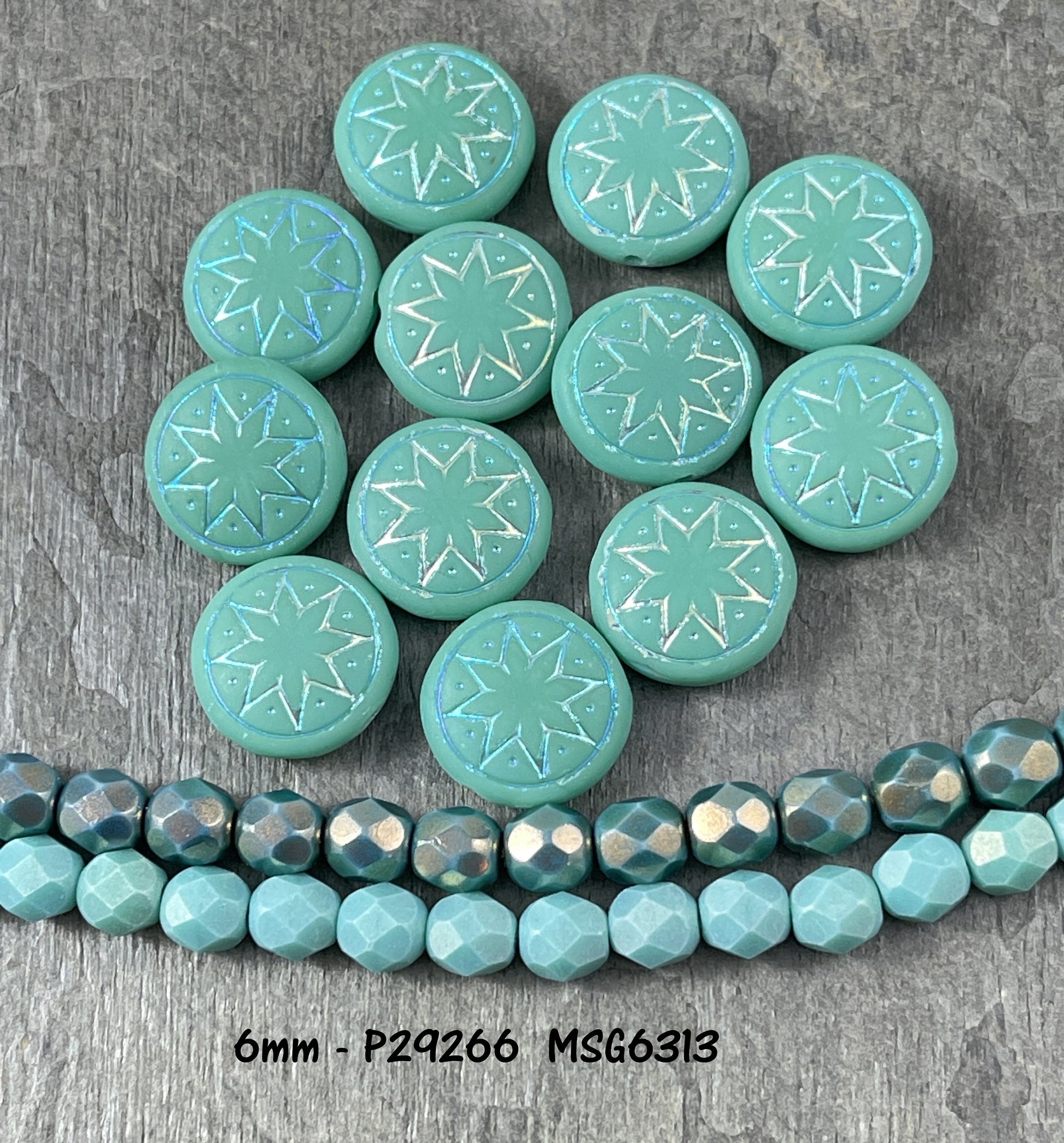 Star of Ishtar - Czech Glass Beads ~ Matte Green Turquoise with AB ~ Turquoise Green Star of Ishtar Beads (PSOI-19) * Qty. 4