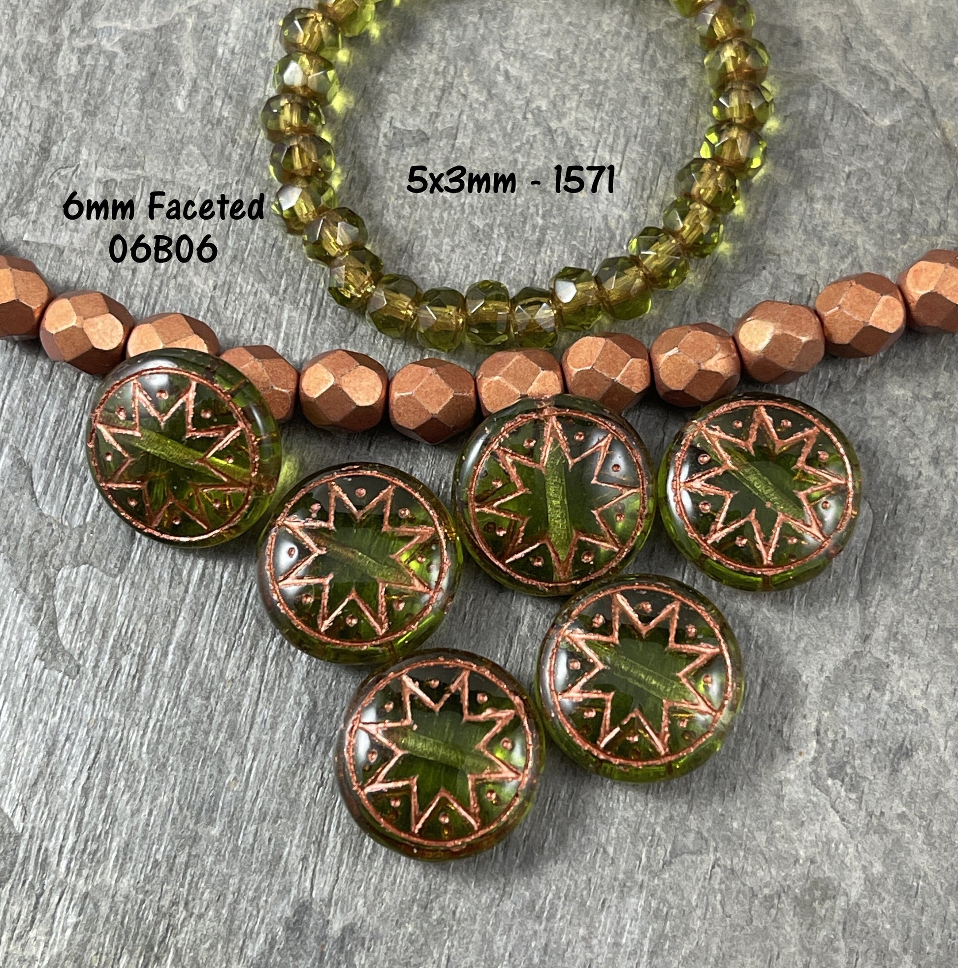 Star of Ishtar - Czech Glass Beads, Transparent Olive Green with Copper Wash, Copper and Green Star of Ishtar Beads (PSOI-36) * Qty. 4