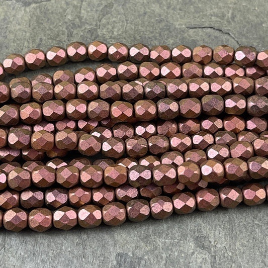 Antiqued Copper Czech Glass Beads - 6mm Matte Metallic Copper Beads 6mm Faceted Round Beads Polychrome Copper Rose (FP6/SM-94100) * Qty 25