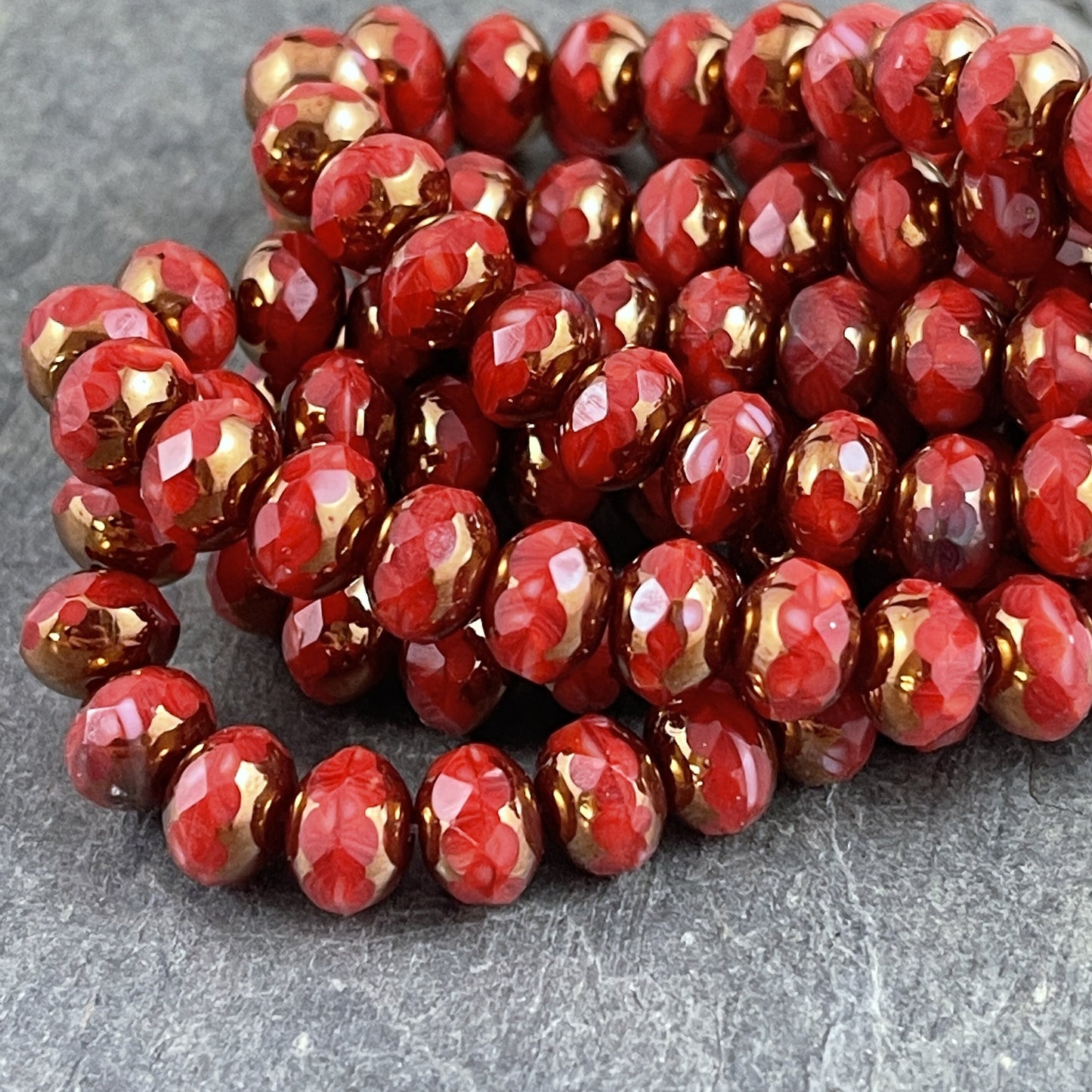 Czech Beads 7x5mm Rondelle Czech Glass Beads - Coral Red with Bronze Picasso Coral Red Rondelles (R7/N-1583) - Qty. 25