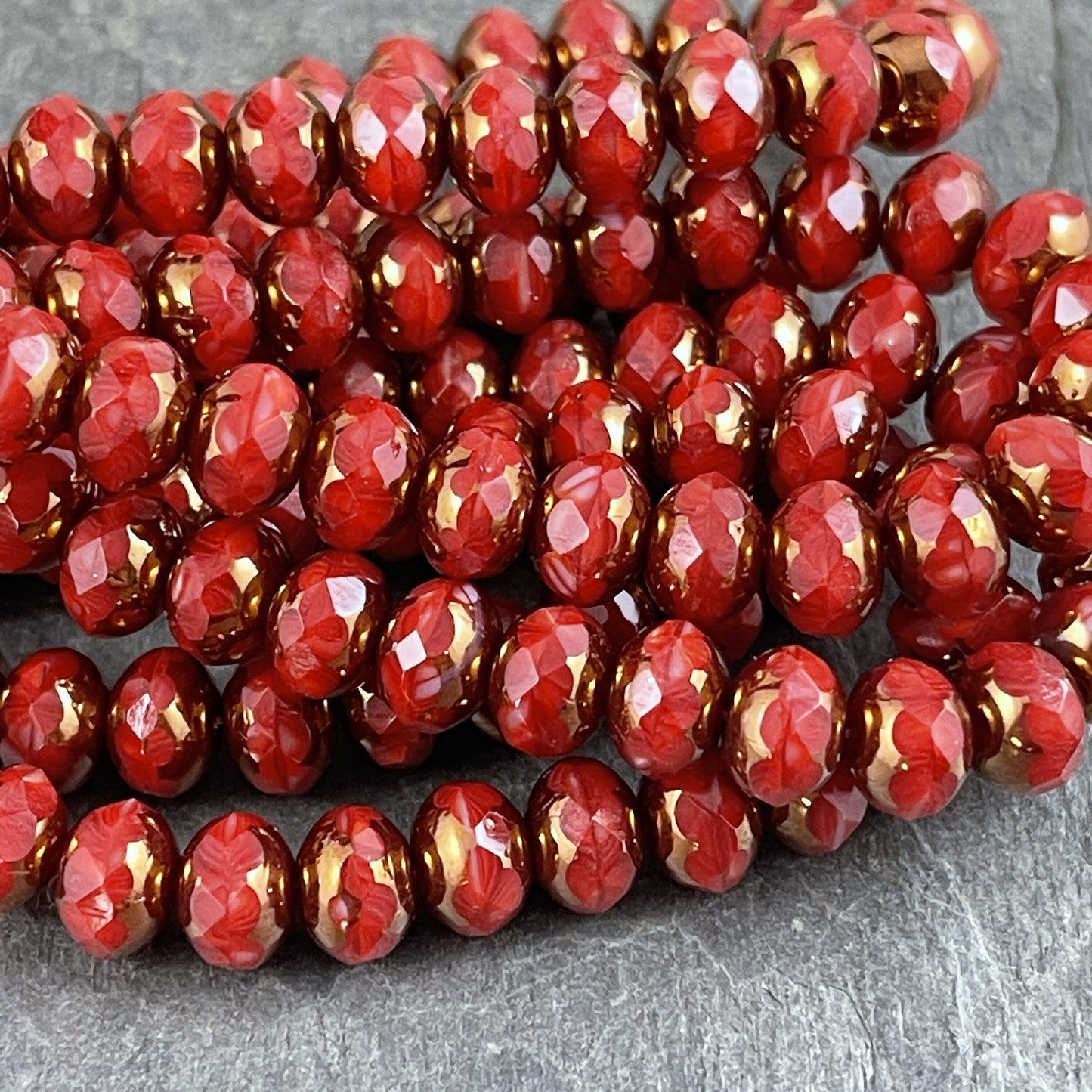 Czech Beads 7x5mm Rondelle Czech Glass Beads - Coral Red with Bronze Picasso Coral Red Rondelles (R7/N-1583) - Qty. 25