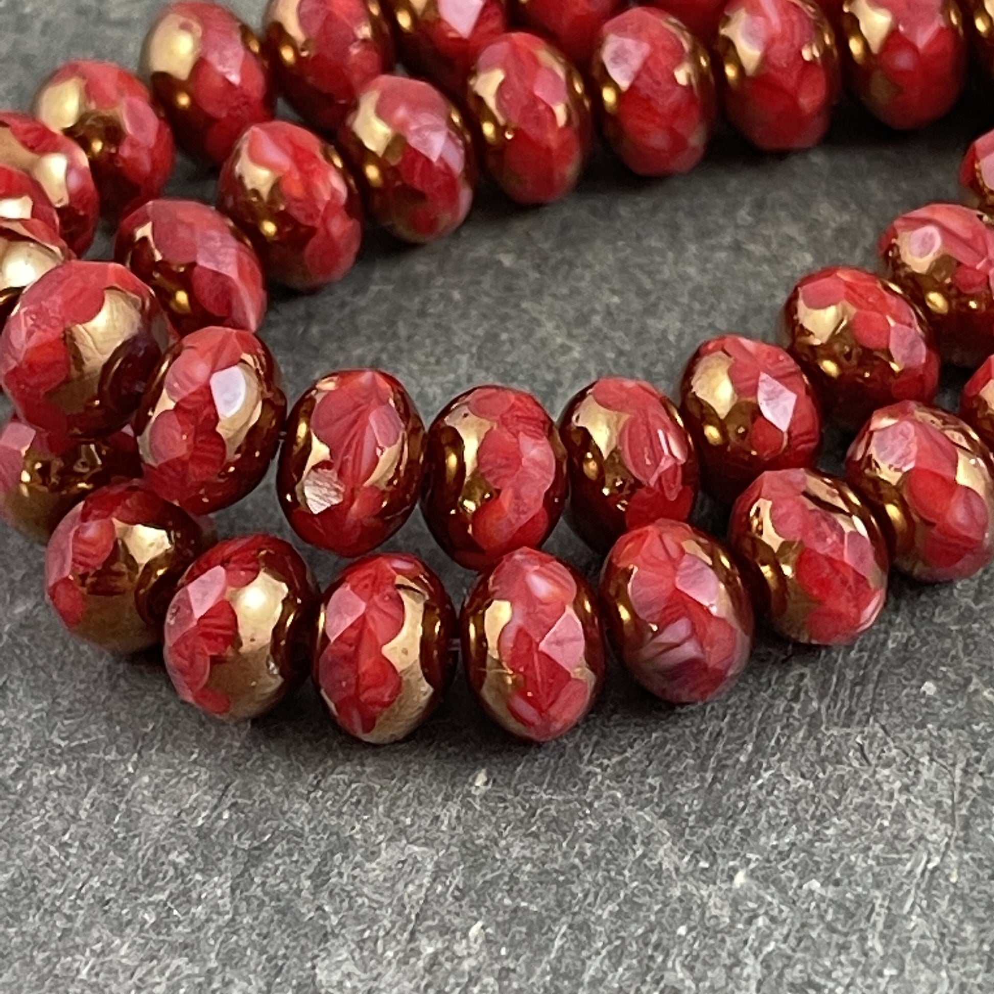 Czech Beads 7x5mm Rondelle Czech Glass Beads - Coral Red with Bronze Picasso Coral Red Rondelles (R7/N-1583) - Qty. 25