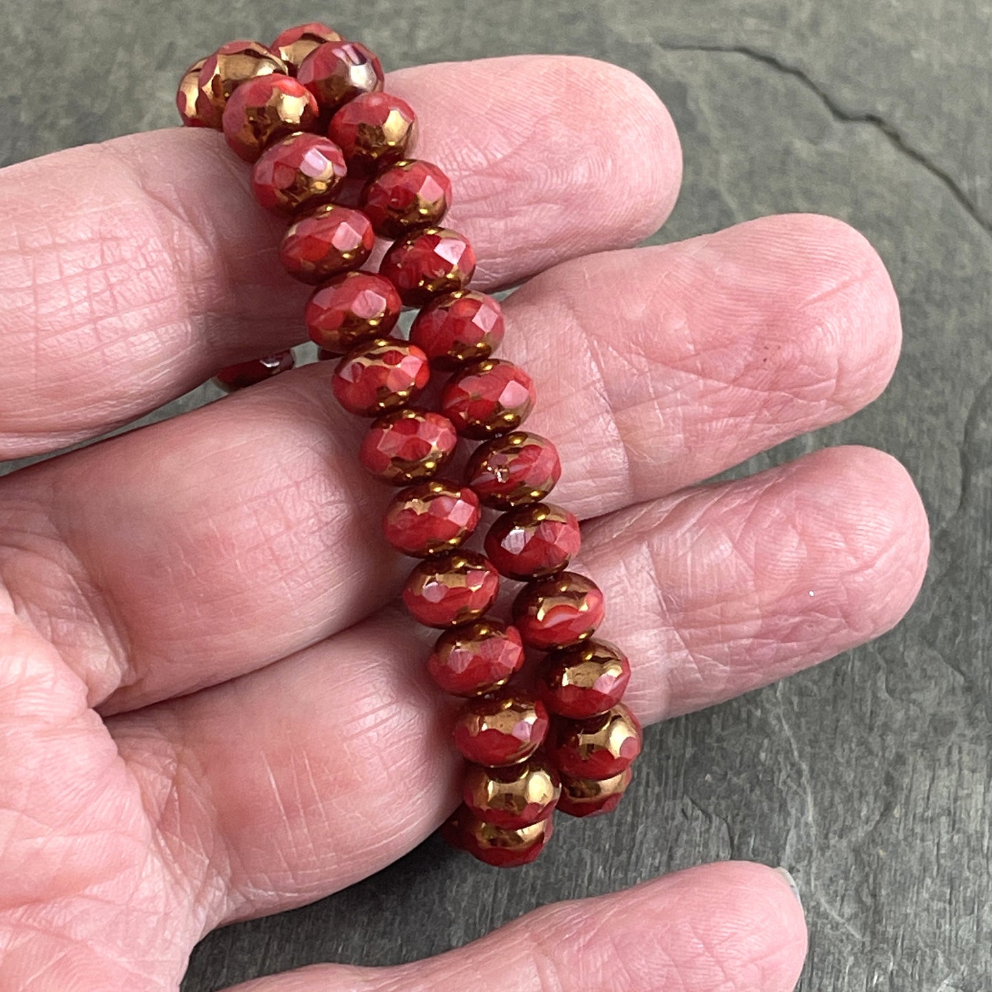 Czech Beads 7x5mm Rondelle Czech Glass Beads - Coral Red with Bronze Picasso Coral Red Rondelles (R7/N-1583) - Qty. 25